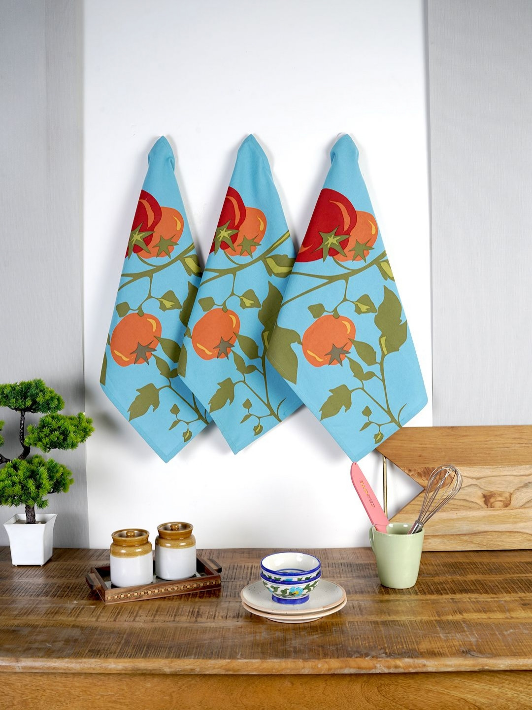 Ratan Cart Aqua-Blue & Green 3 Pieces Tomato Printed Cotton Kitchen Towels