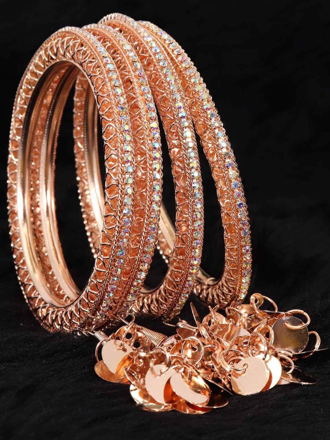 ZULKA Set Of 4 Rose Gold-Plated Stone-Studded & Pearls Beaded Bangless