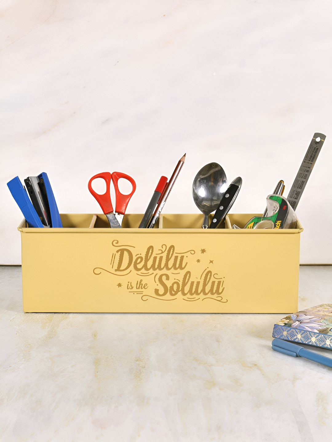 Living With Elan Yellow Typography Printed Multifunctional Desk Organisers