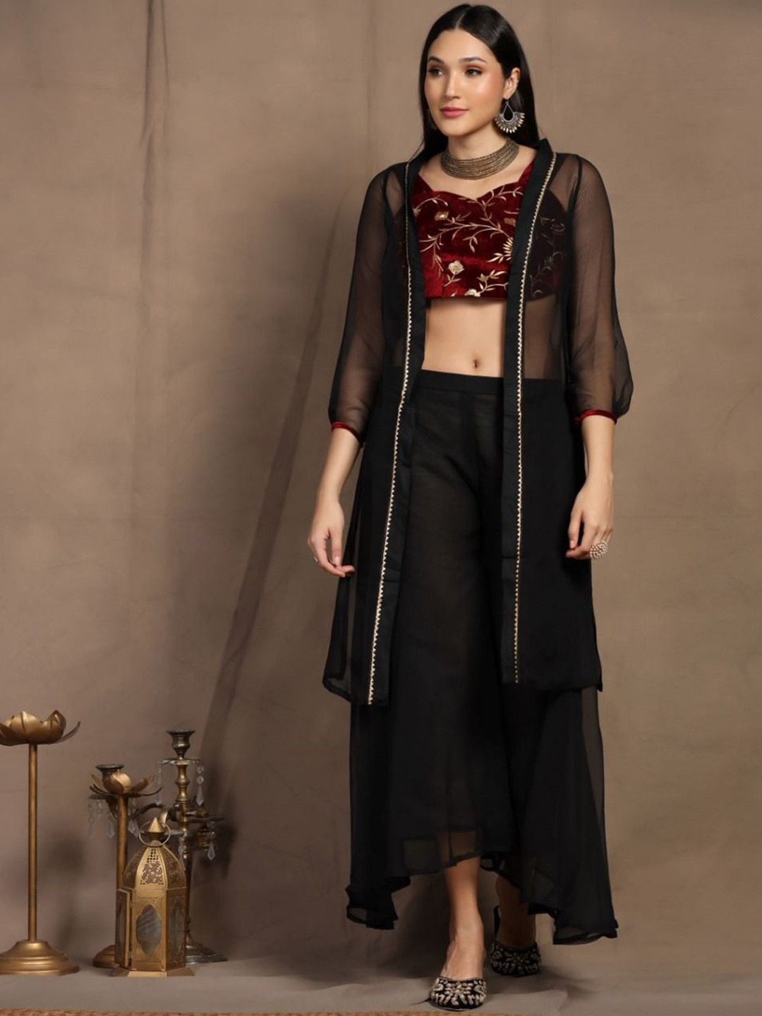 SHADES OF FAASHION Floral Embroidered Top With Palazzo & Shrug