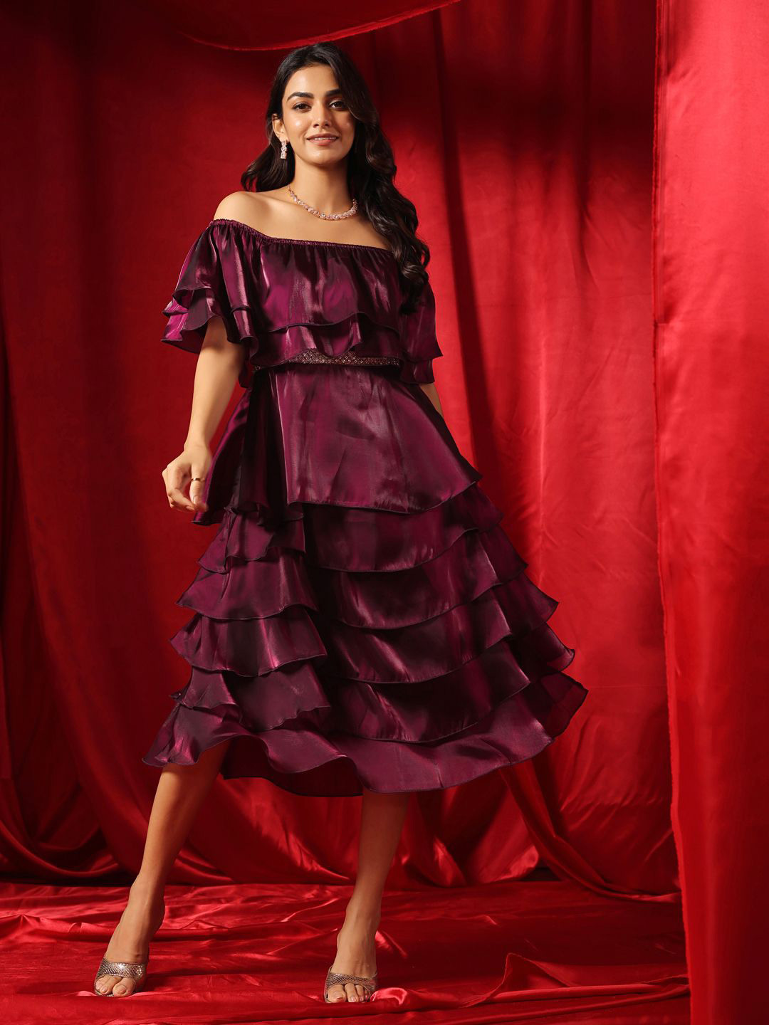 B'Infinite Women Off-Shoulder Flutter Sleeve Fit & Flare Maxi Dress