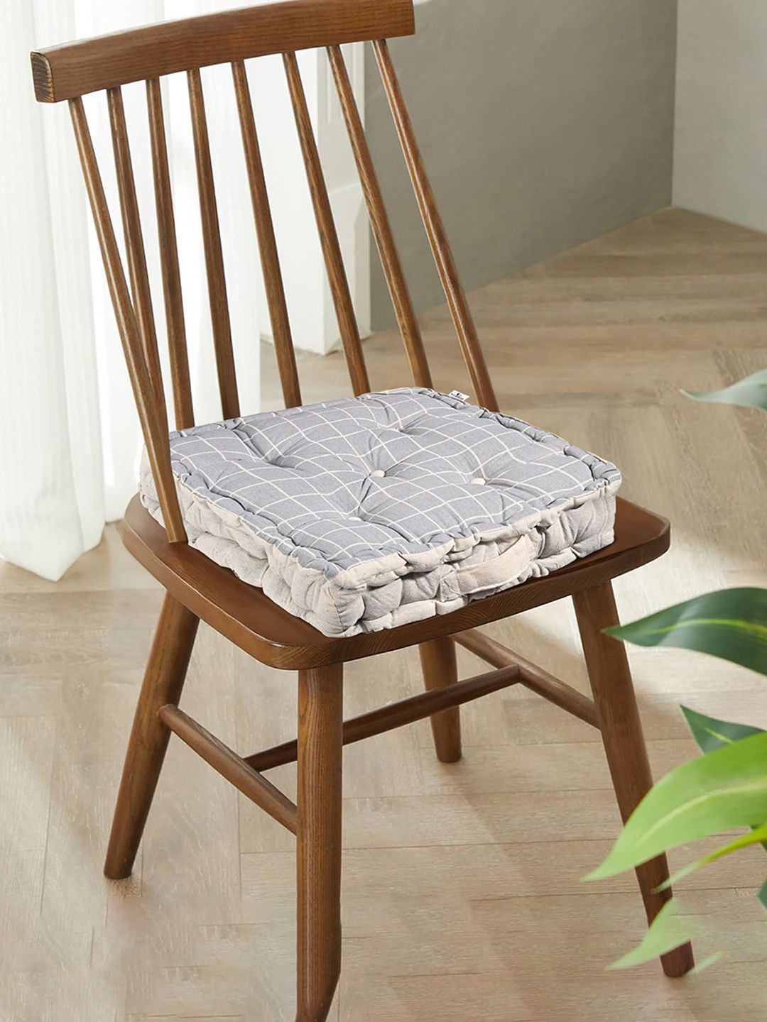Kuber Industries Grey & Green 4 Pieces Checked Cotton Chair Pads