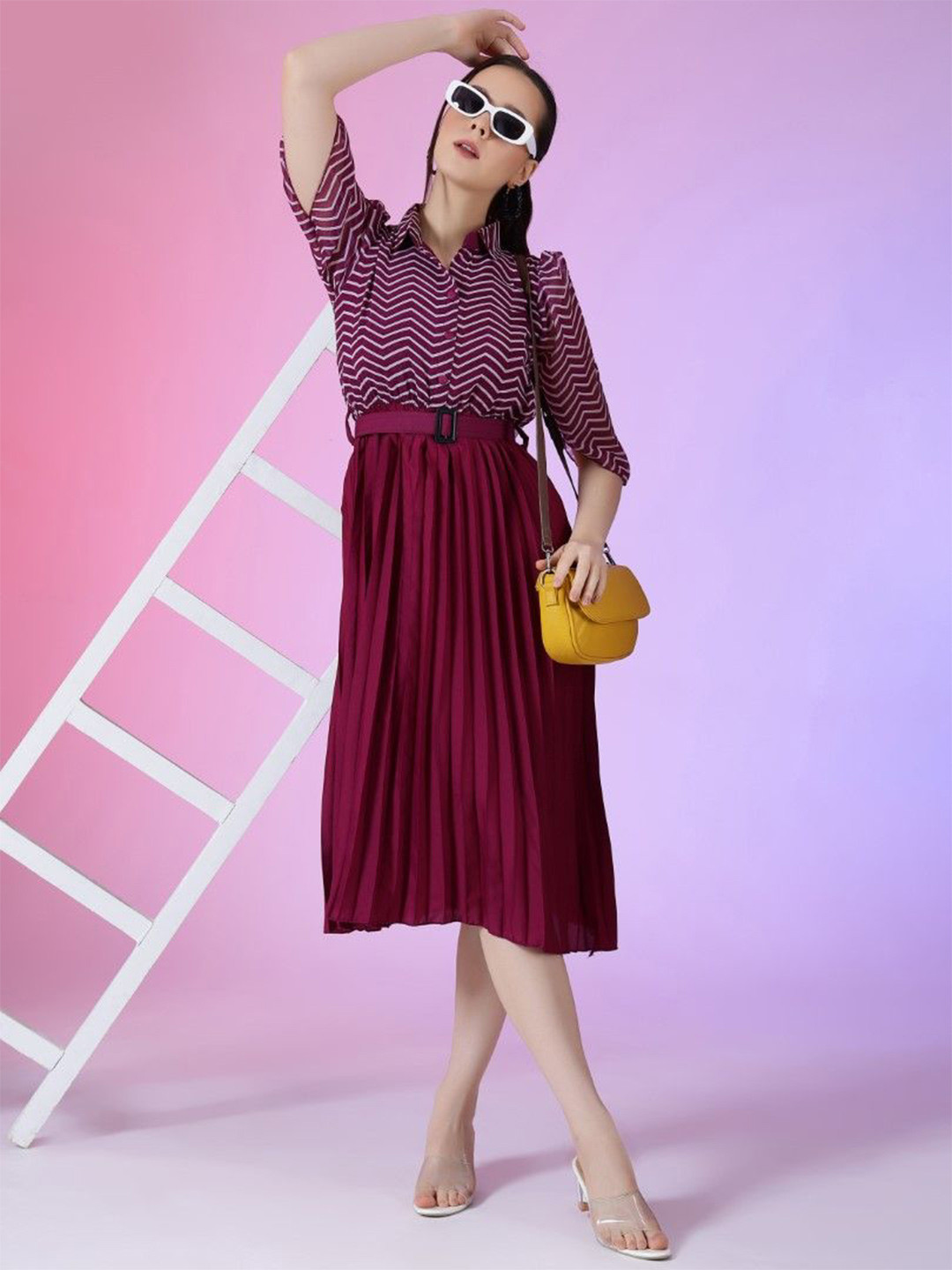 Femvy Print Puff Sleeve Applique Georgette Fit & Flare Maxi Dress for women