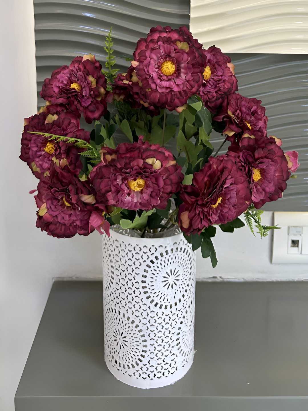 ARTSY Maroon & Green Non-Hanging Hydrangea Artificial Flower Without Pot