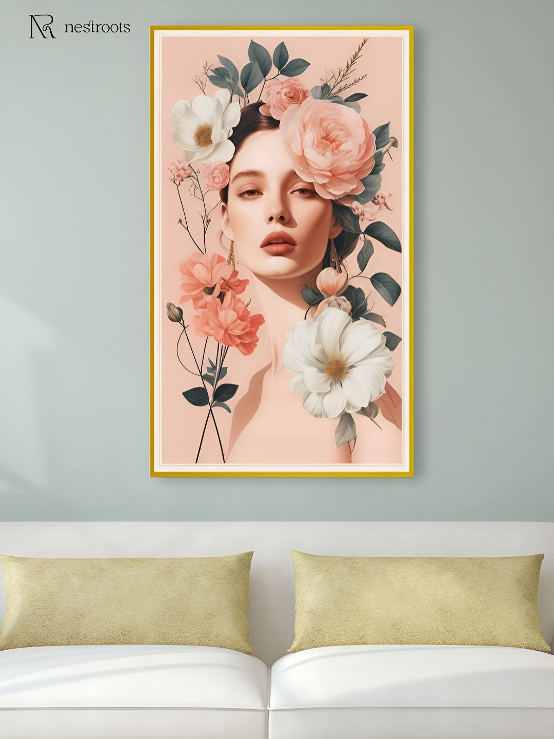 nestroots Pink Floral Serenity Woman in Portrait Canvas Floral and Botanical Wall Art