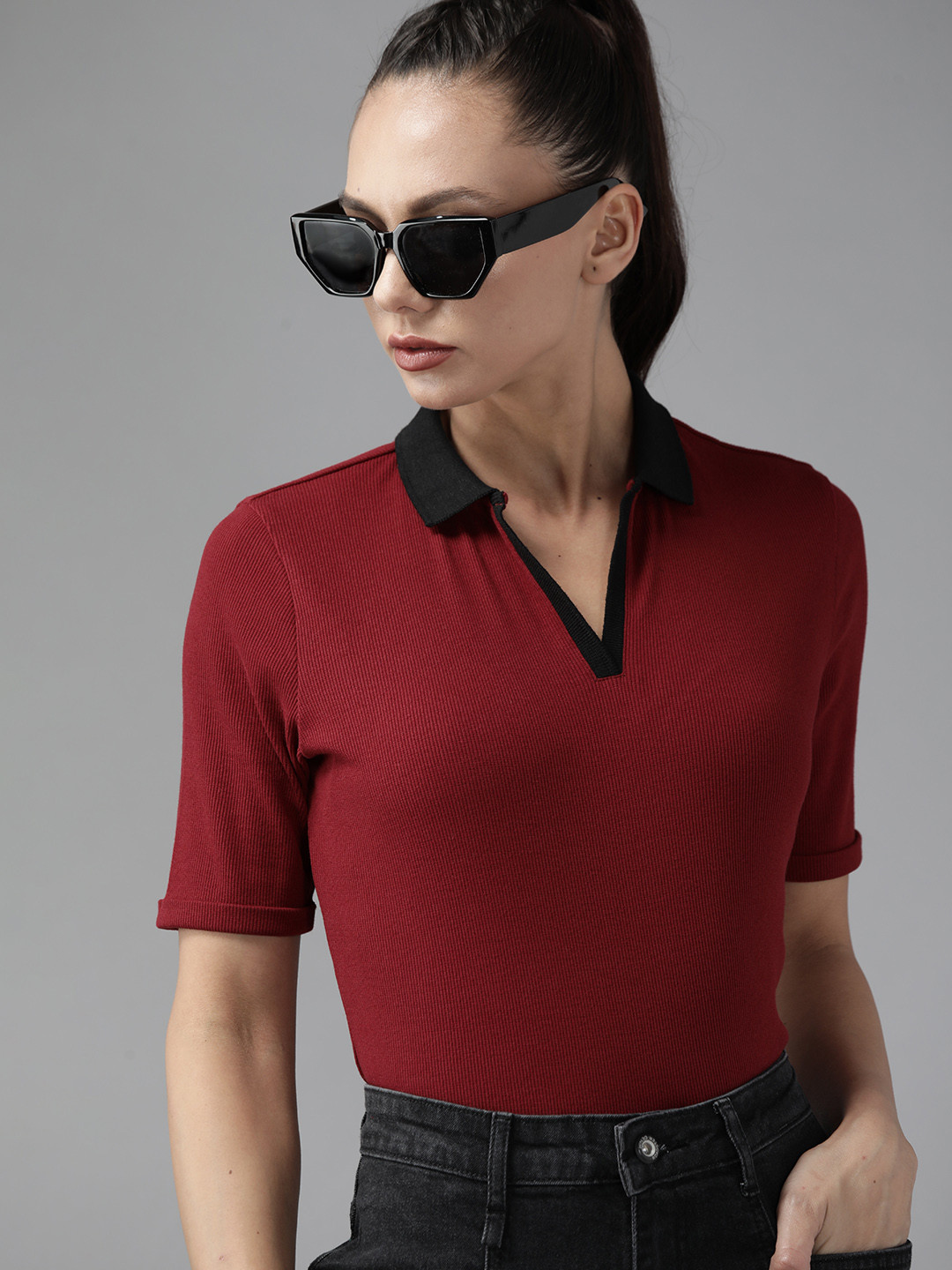 Roadster Women Maroon Polo Collar Slim Fit T-shirt