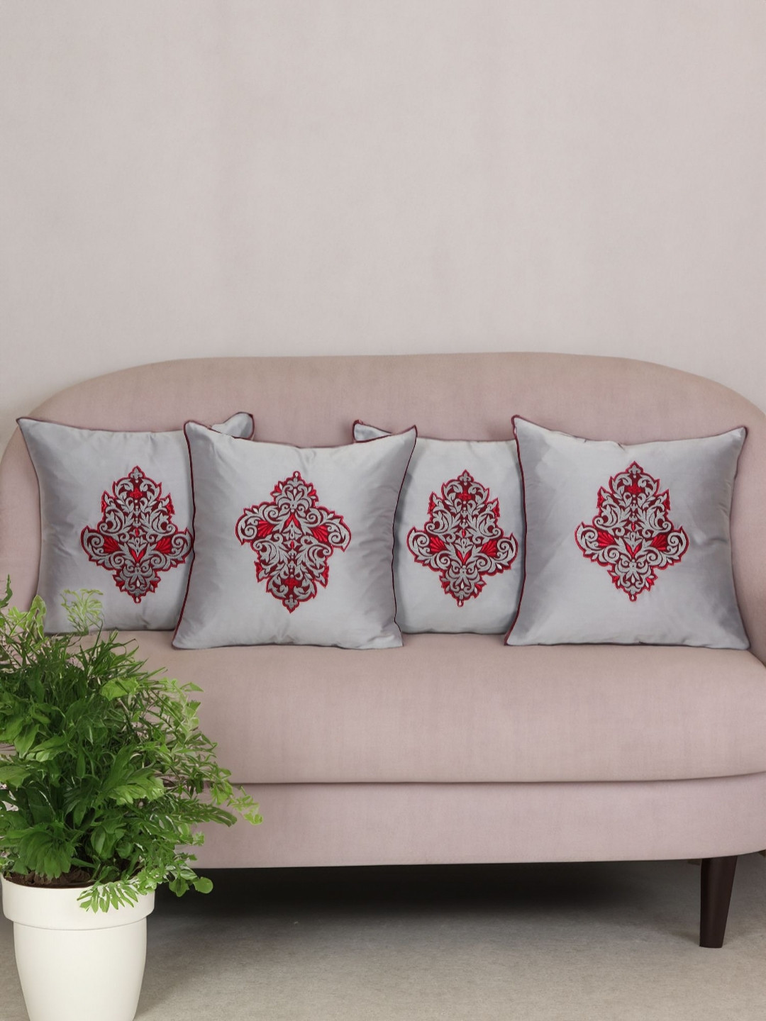 ZEBA Floral Arabesque Motif Two Tone Embrodiery Anti-Wrinkle 4 Pcs Cushion Covers-16x16In