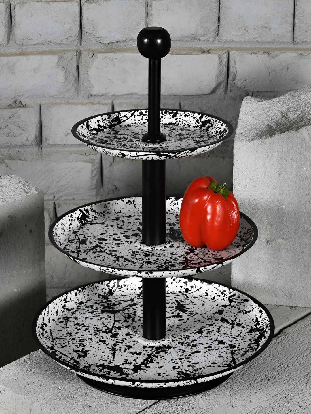 Living With Elan Splatterful White & Black Abstract Printed 3 Tier Round Cake Stand