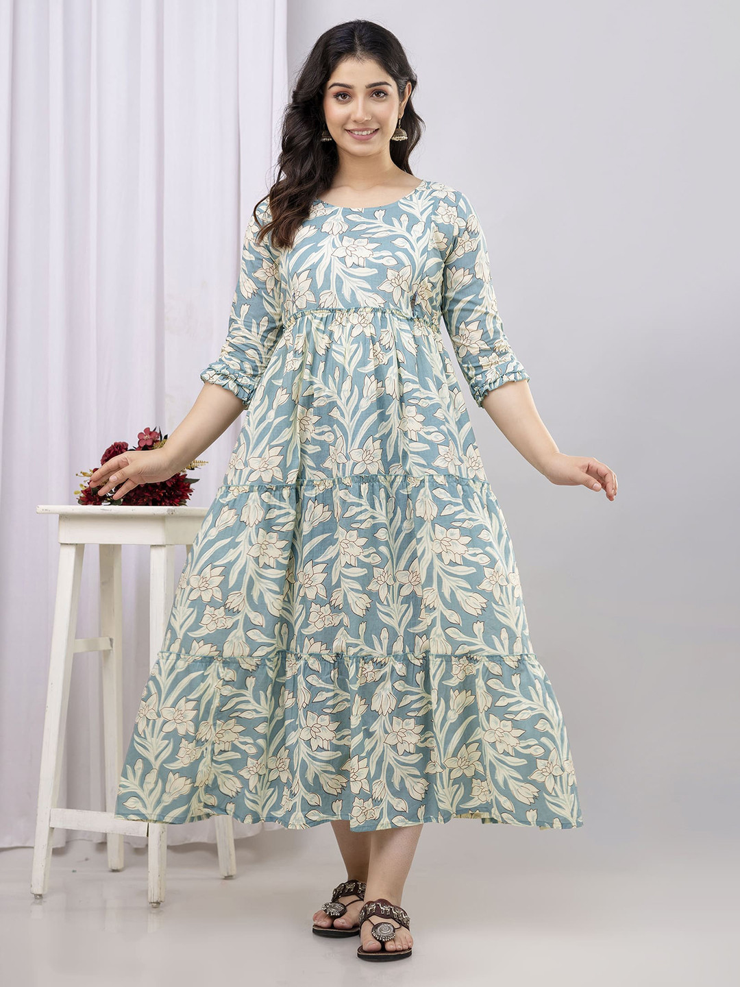 VARICOS Floral Printed Pure Cotton Maternity Fit and Flare Midi Dresses