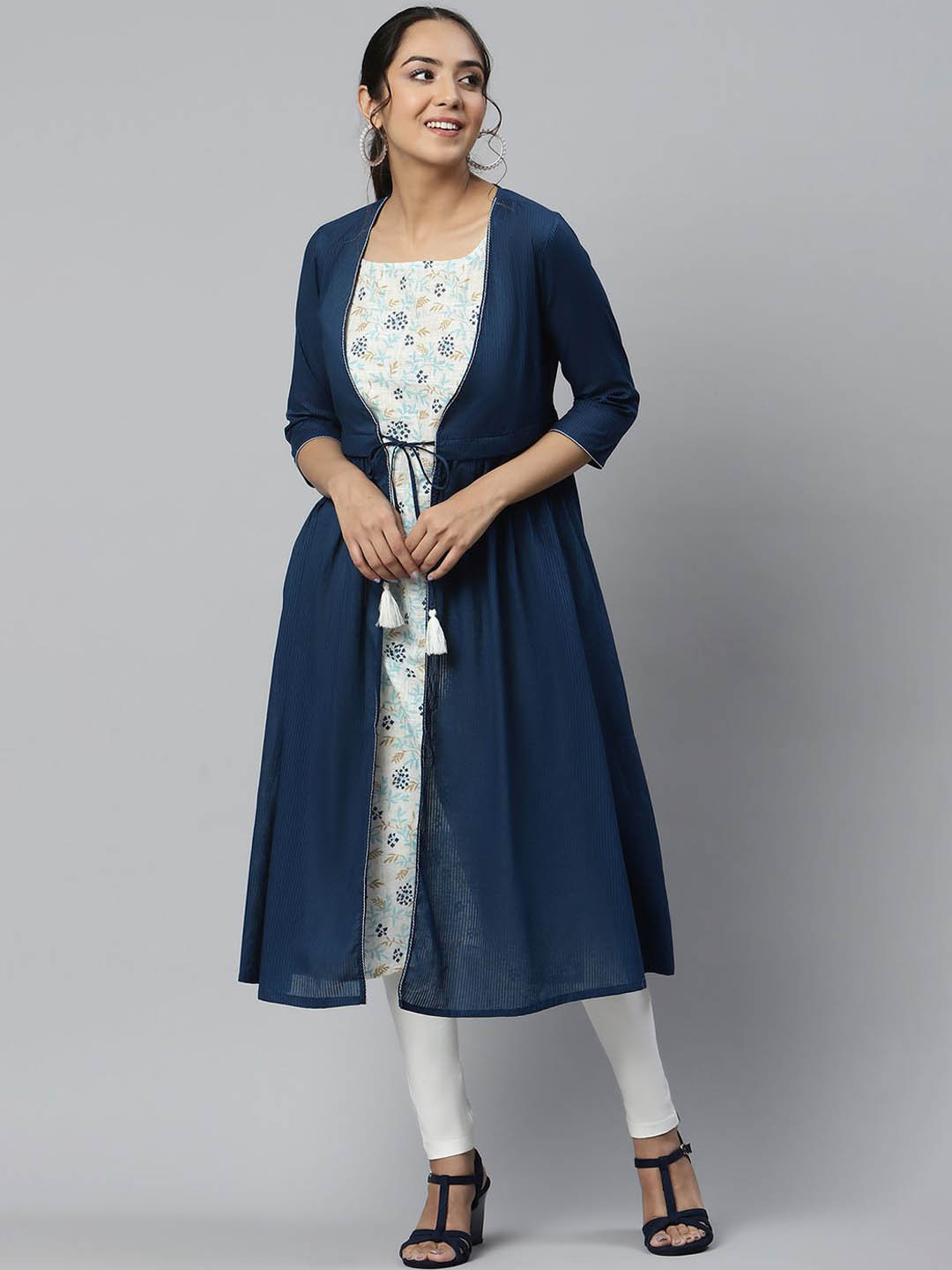 AURELIA Floral Printed Pure Cotton Straight Kurta with Gillet