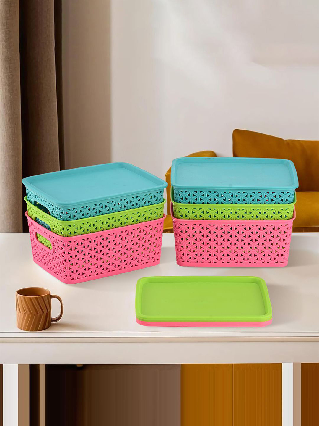 Kuber Industries Pink & Blue 6 Pieces Tote Basket Organisers