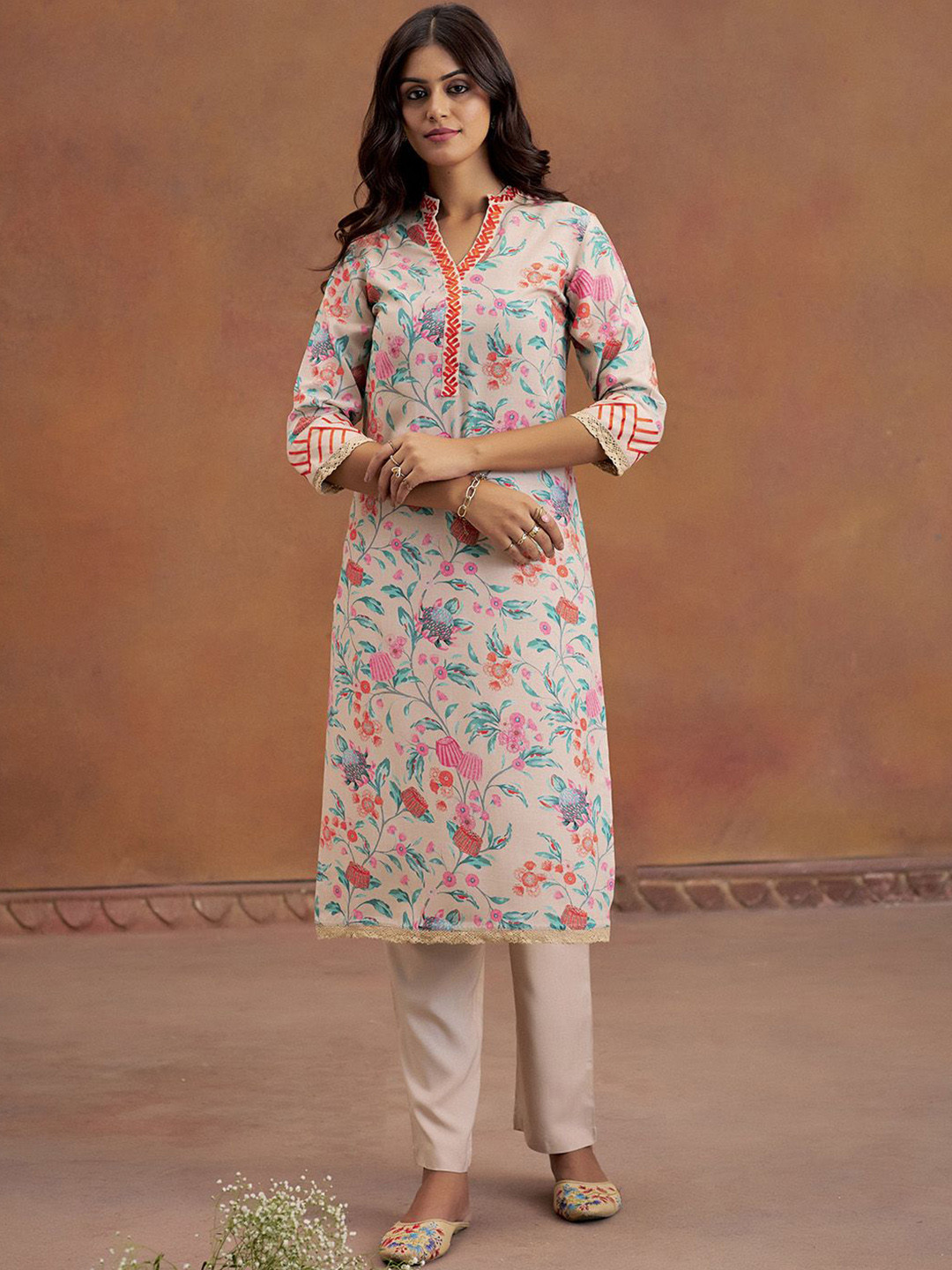 Jaipur Kurti Embroidered Tropical Printed Straight Kurta Set