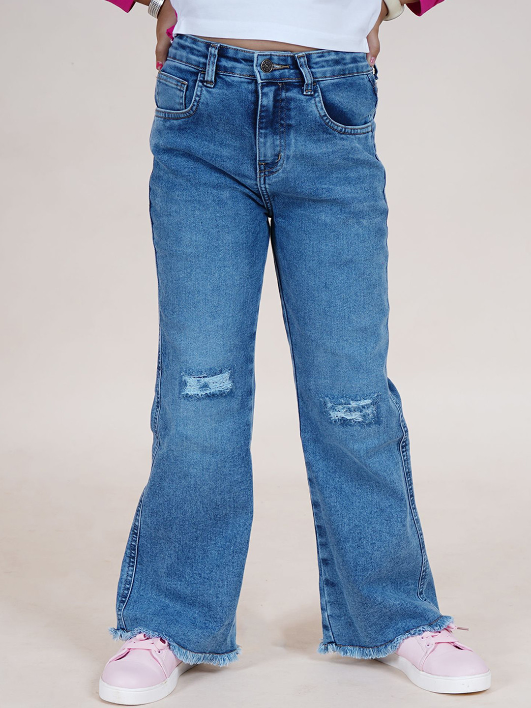KiddoPanti Girls Jean Flared Low Distress Acid Wash Stretchable Jeans