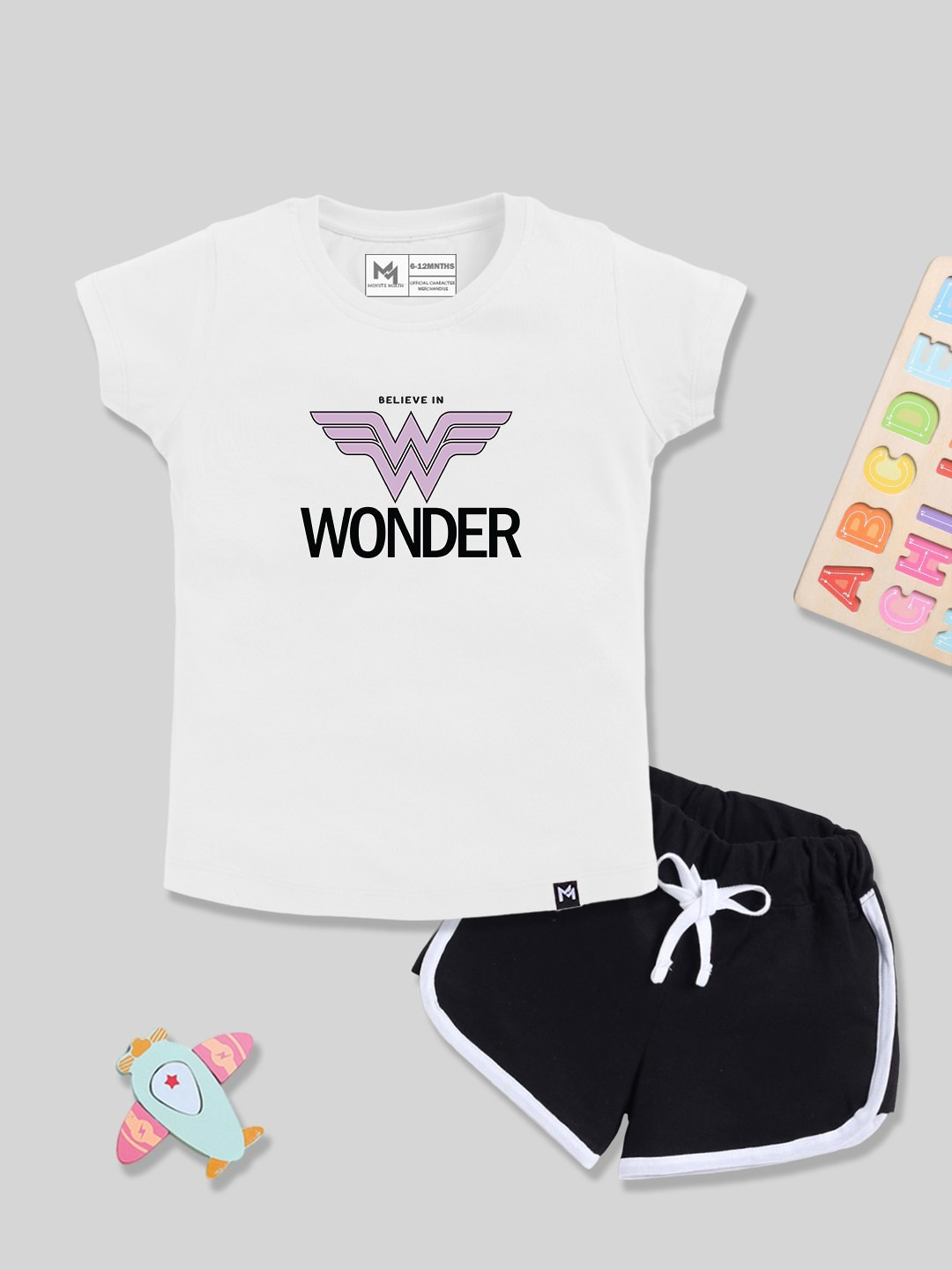 YK X Minute Mirth Girls Wonder Woman Printed Pure Cotton T-shirt & Shorts