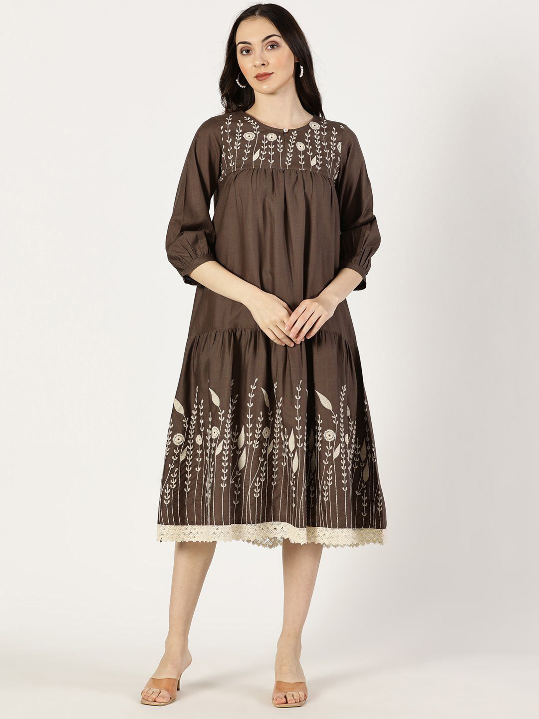 Saffron Threads Embellished Embroidered Keyhole Neck Bishop Sleeve A-Line Midi Dress
