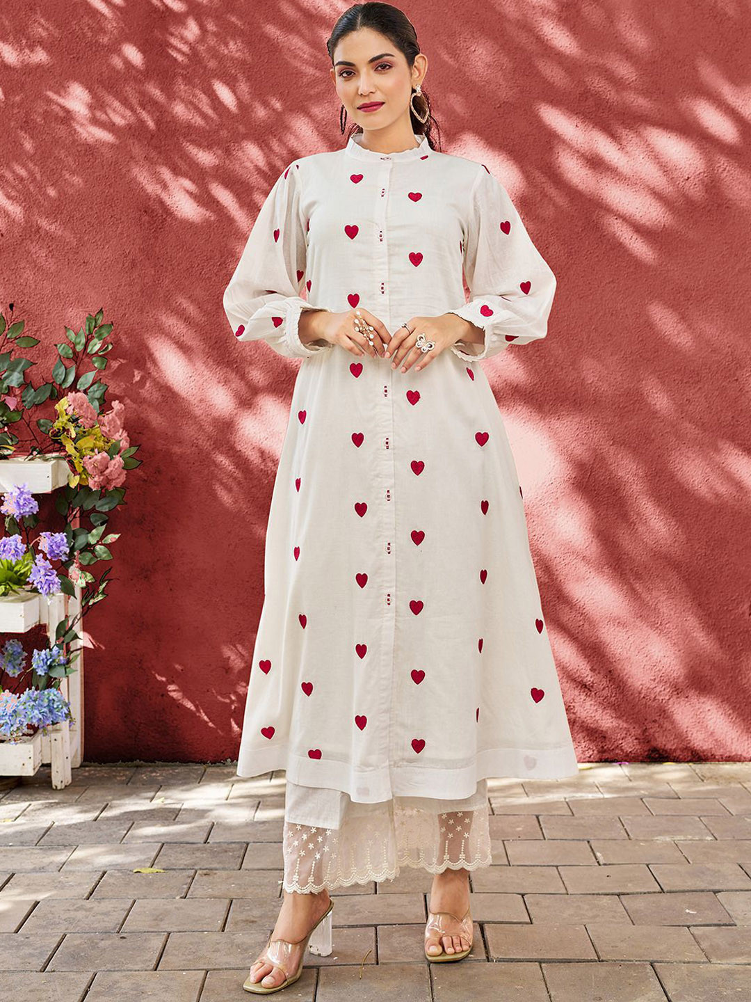 KALINI Heart Embroidered Thread Work Mandarin Collar Pure Cotton Kurta With Trouser