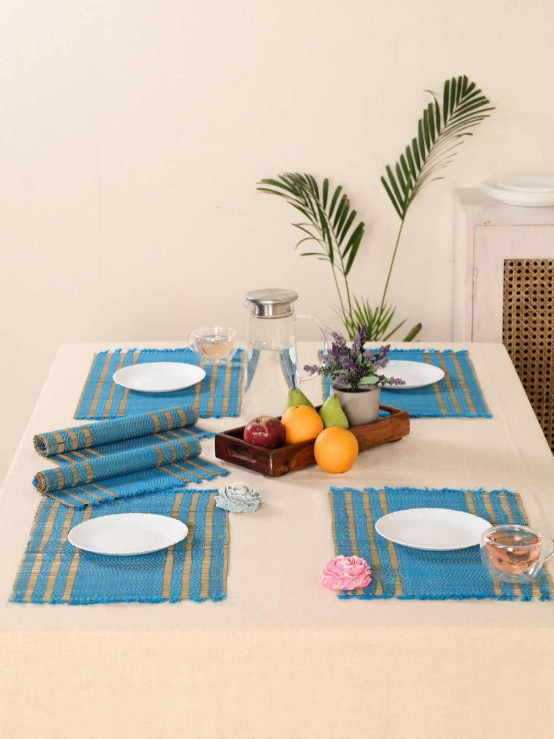 Peepul Tree Blue & Beige  6 Pieces Rectangular Table Placemats