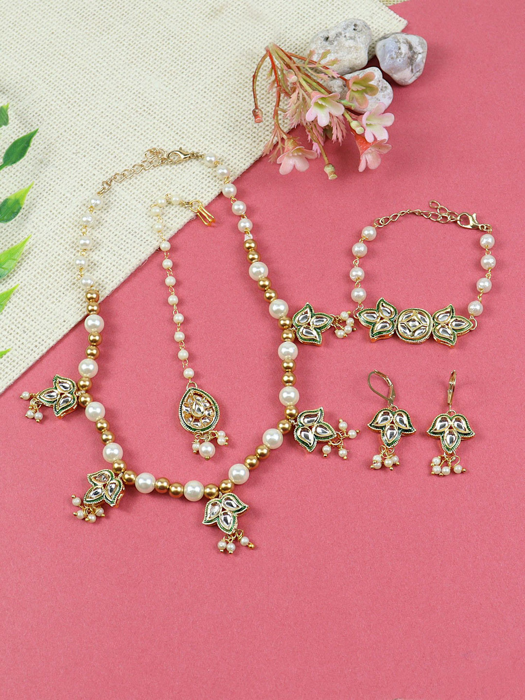Asthetika Kids Girls Kundan Stone Studded & Beaded Necklace & Earrings Maang Tika Bracelet