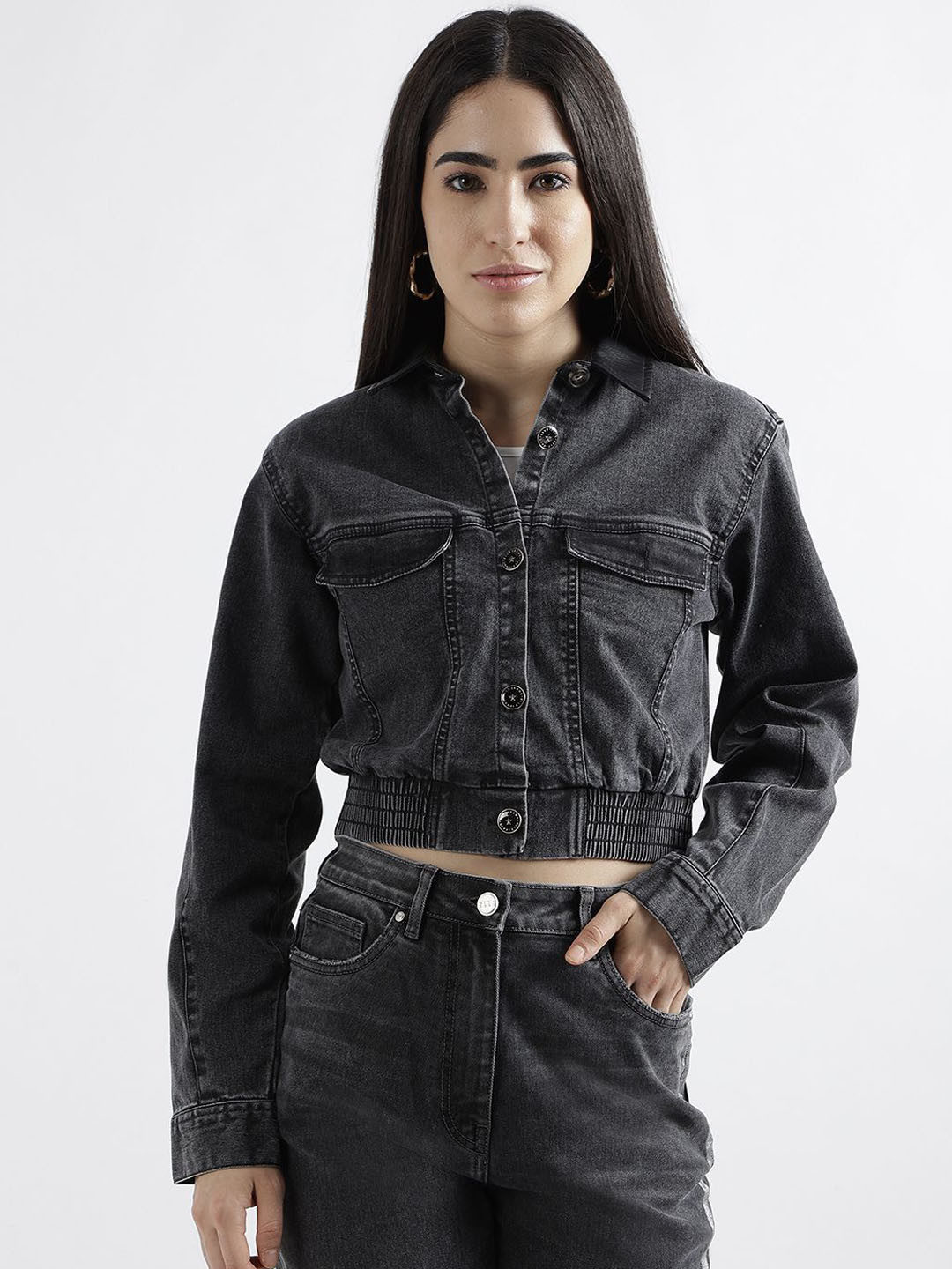 ELLE Women Spread Collar Washed Self Design Cotton Casual Denim Jacket