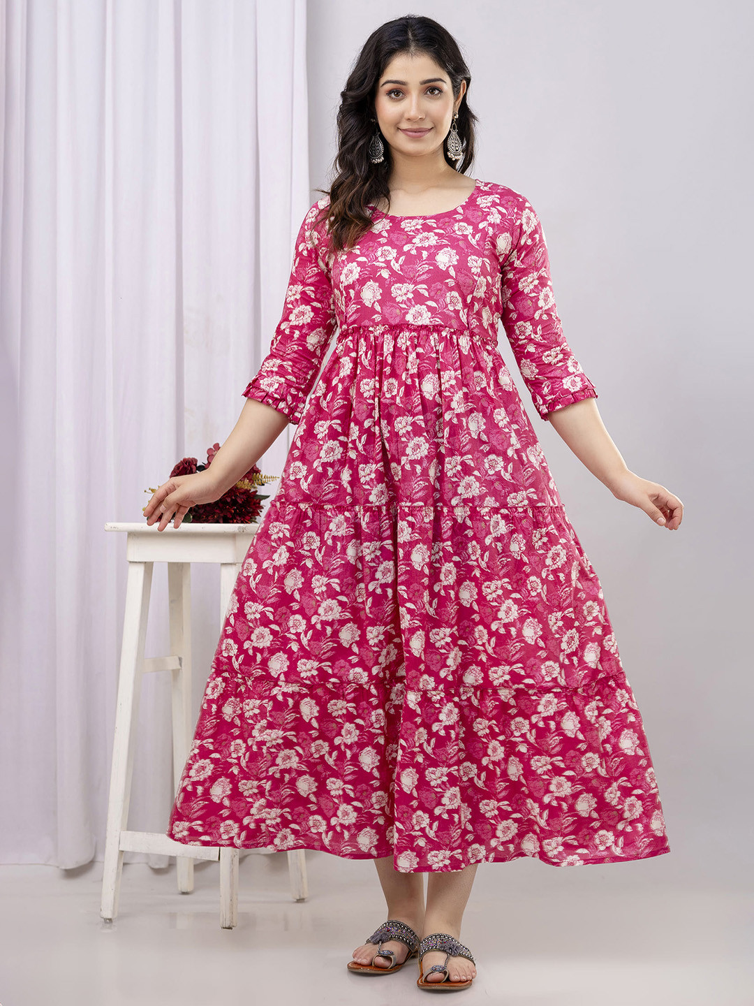 VARICOS Floral Printed Tiered Pure Cotton A-Line Maternity Dress