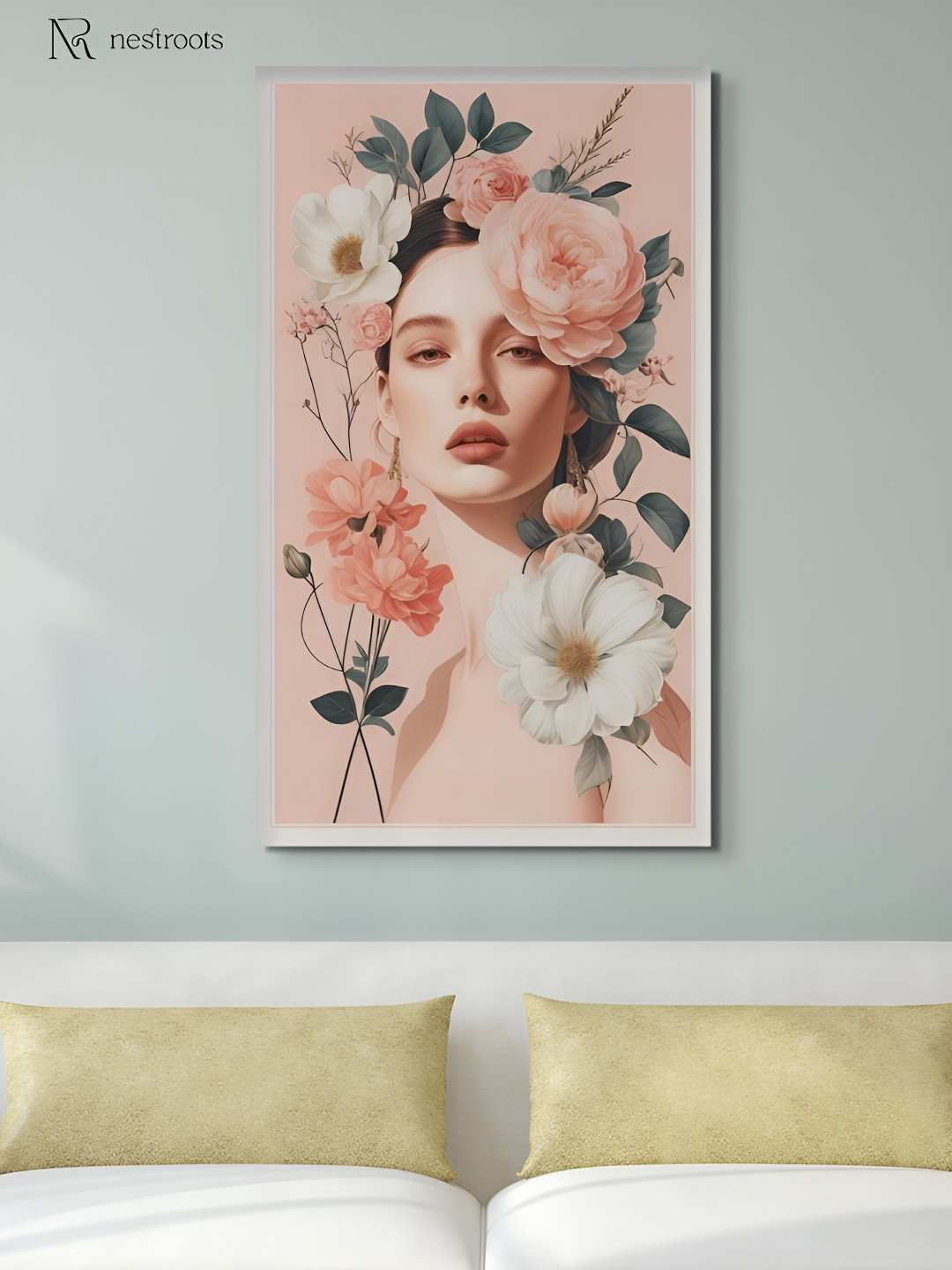 nestroots Pink & White Floral Serenity Lady in Portrait Canvas Painting Wall Art