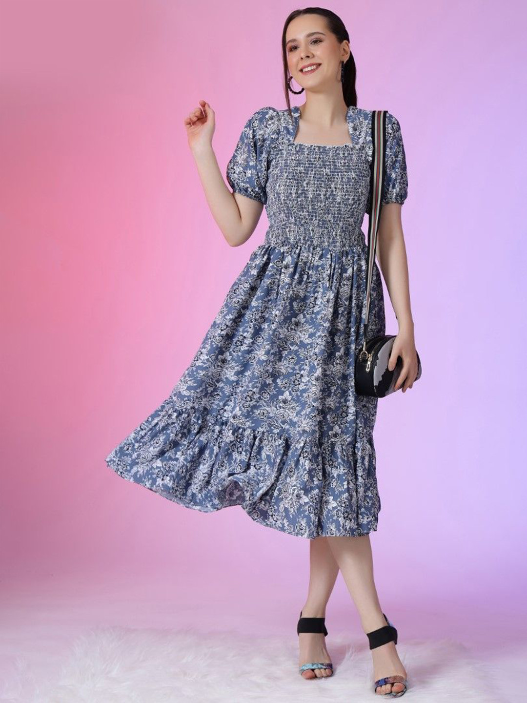 Krunal Raiyani Print Puff Sleeve Applique Fit & Flare Dress