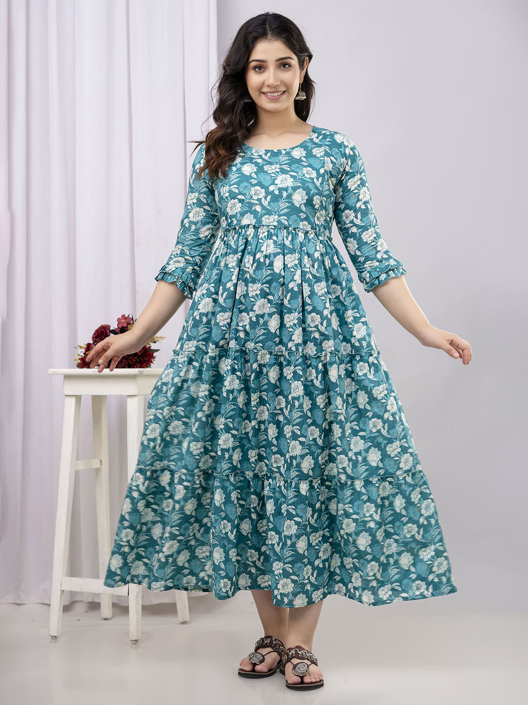 VARICOS Women Floral Printed Pure Cotton Maternity Fit and Flare Midi Dresses