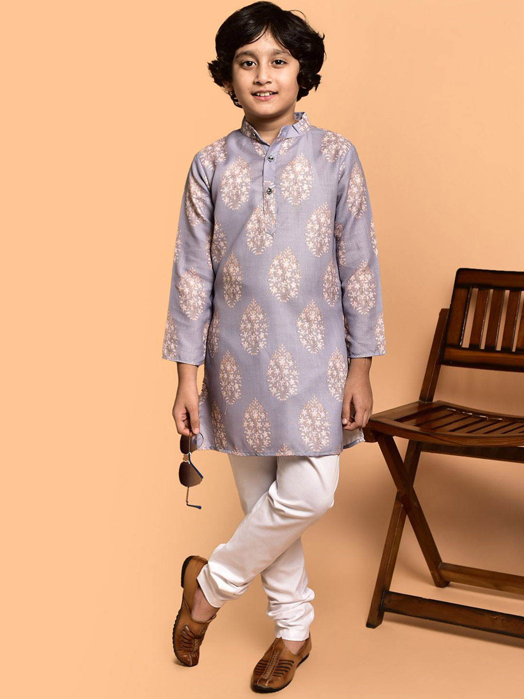PRINTCULTR Boys Floral Printed Band Collar Cotton Straight Kurta