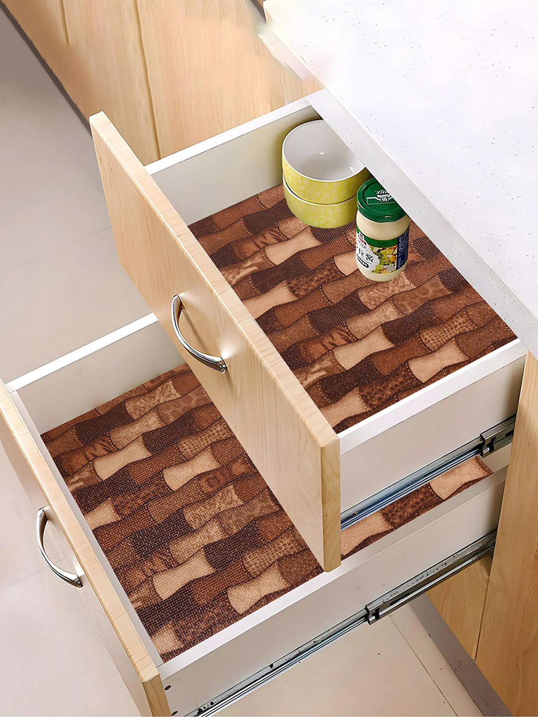 Kuber Industries Brown 3 Pieces Damru Printed Shelf Liner