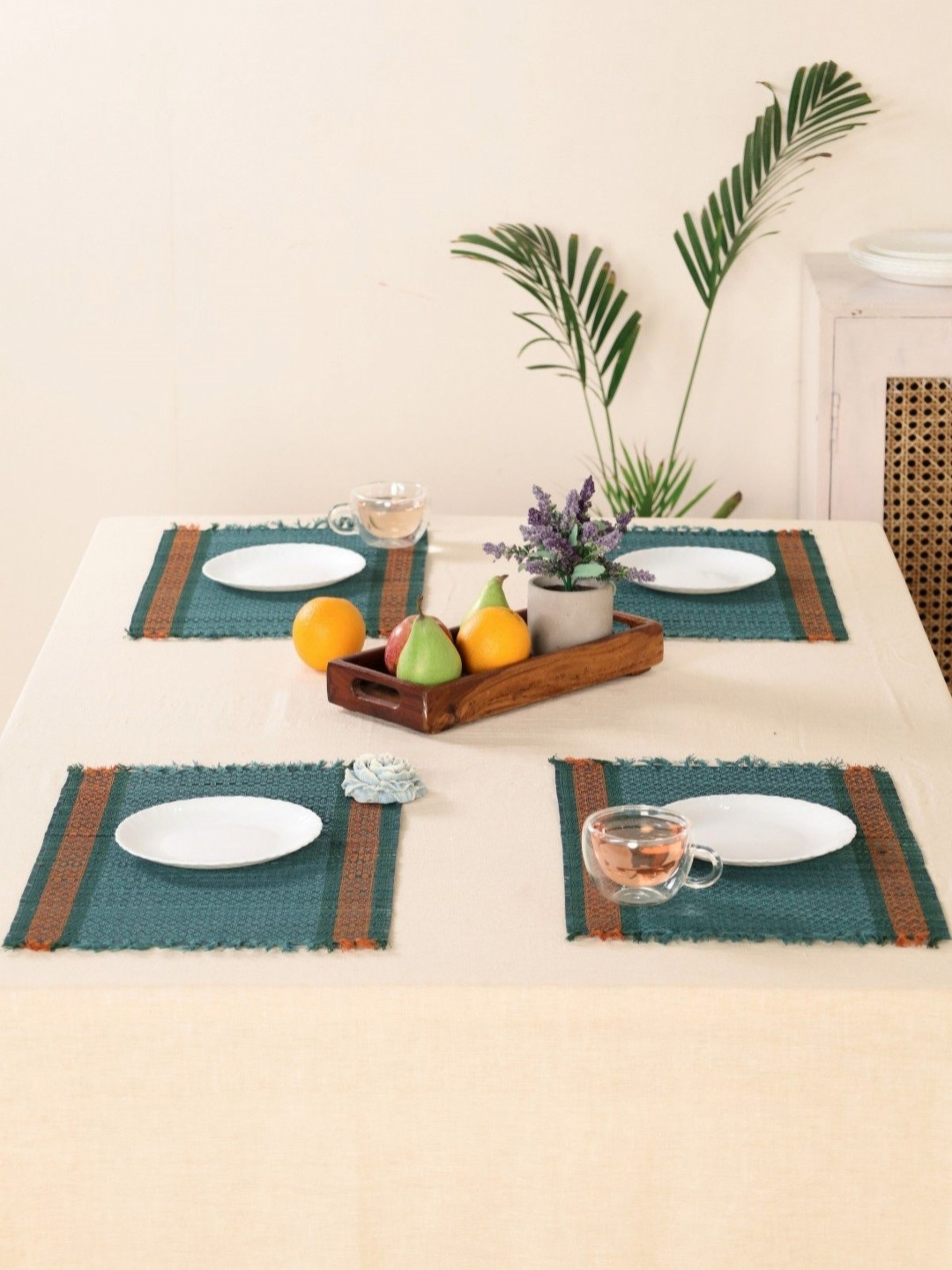 Peepul Tree Teal-Blue & Orange-Coloured 4 Pieces Rectangular Table Placemats