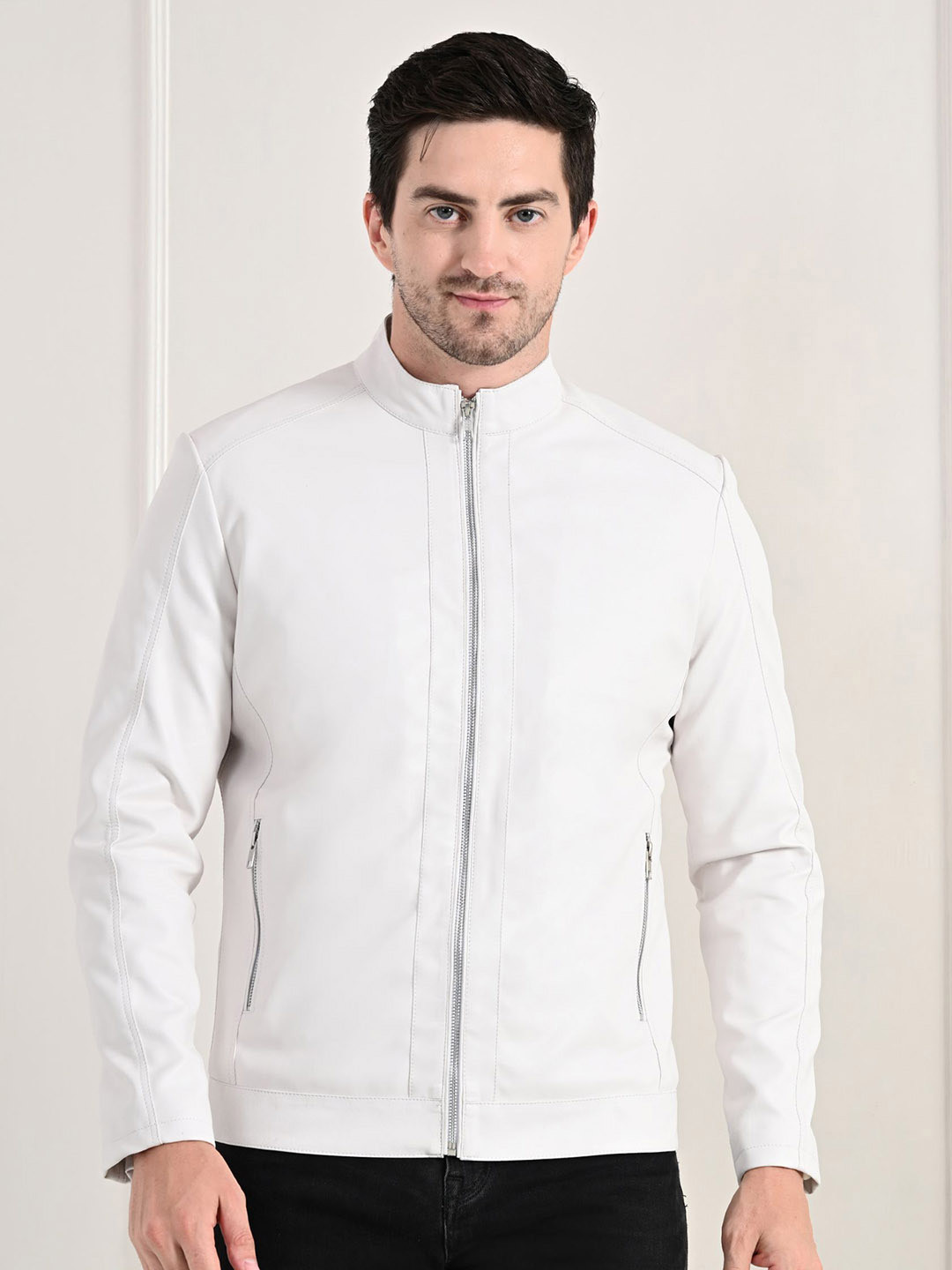 TBOJ Stand Collar Long Sleeves Classic Look Lightweight Leather Jacket