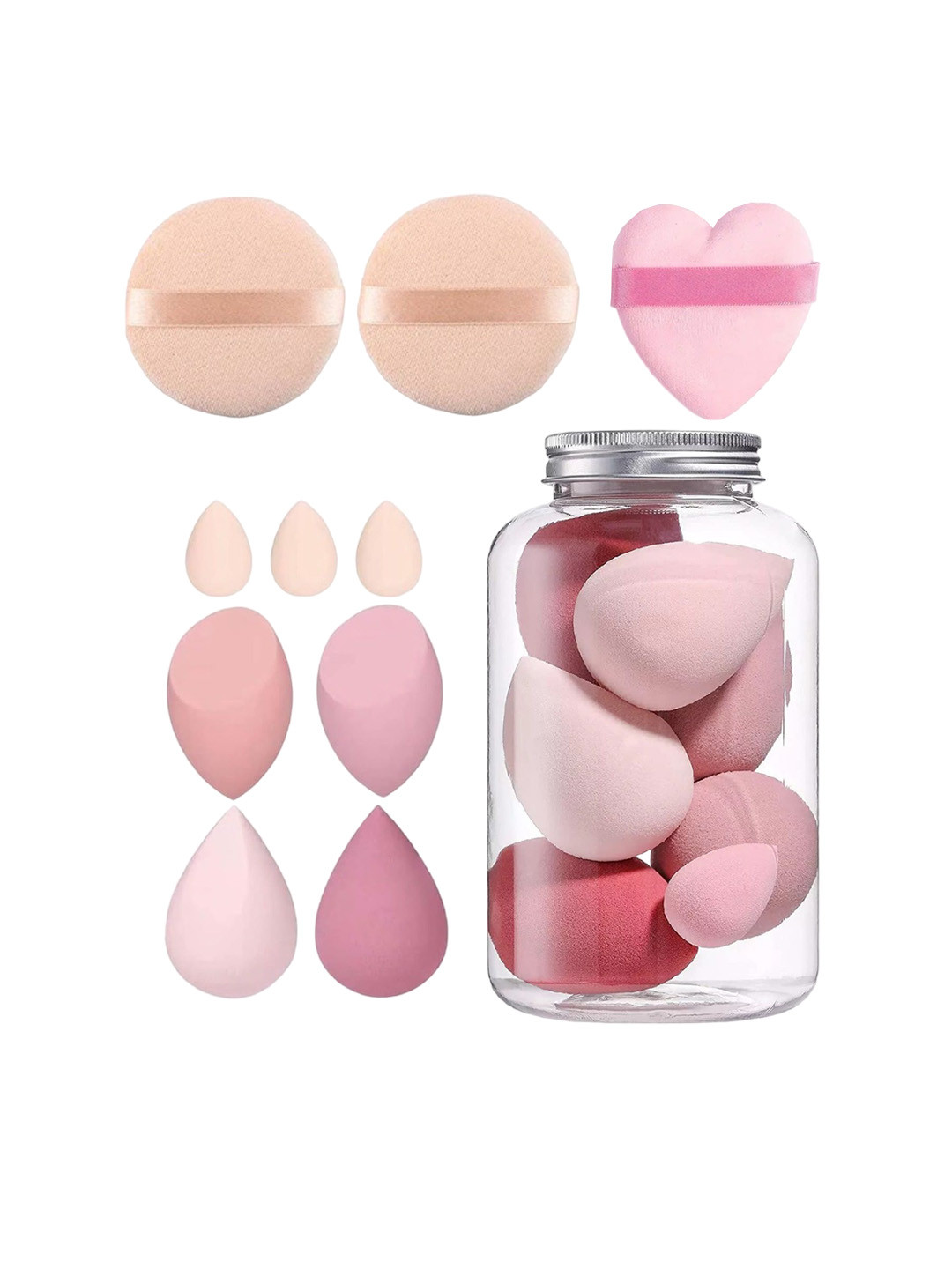 Facejewel Makeup Sponge Set - Blender Egg Case + Dabba + Round Sponge + Heart Puff