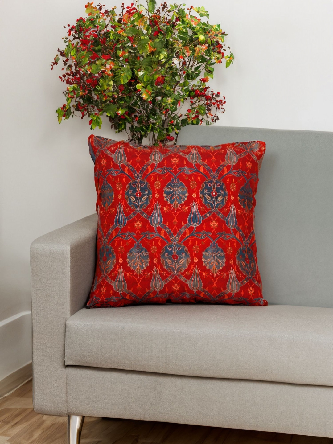 ZEBA Embroidered Red Floral Polyester Silk Washable Square Cushion Cover -16x16In