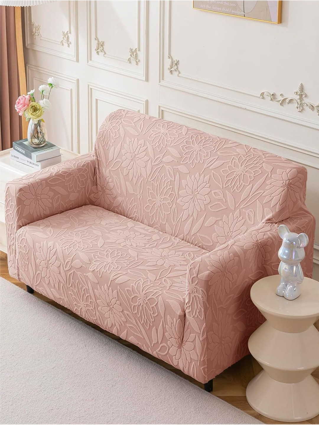 HOUSE OF QUIRK Pink Jacquard Soft Touching 4 Seater Sofa Cover