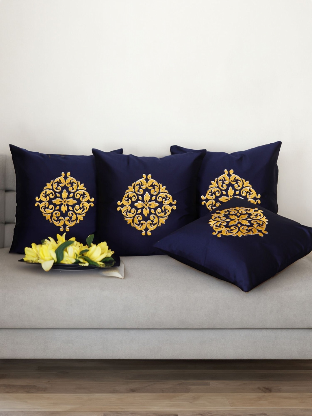 ZEBA Embroidered Ethnic Motifs Polyester Anti-Wrinkle 4 Pcs Square Cushion Covers -16x16In