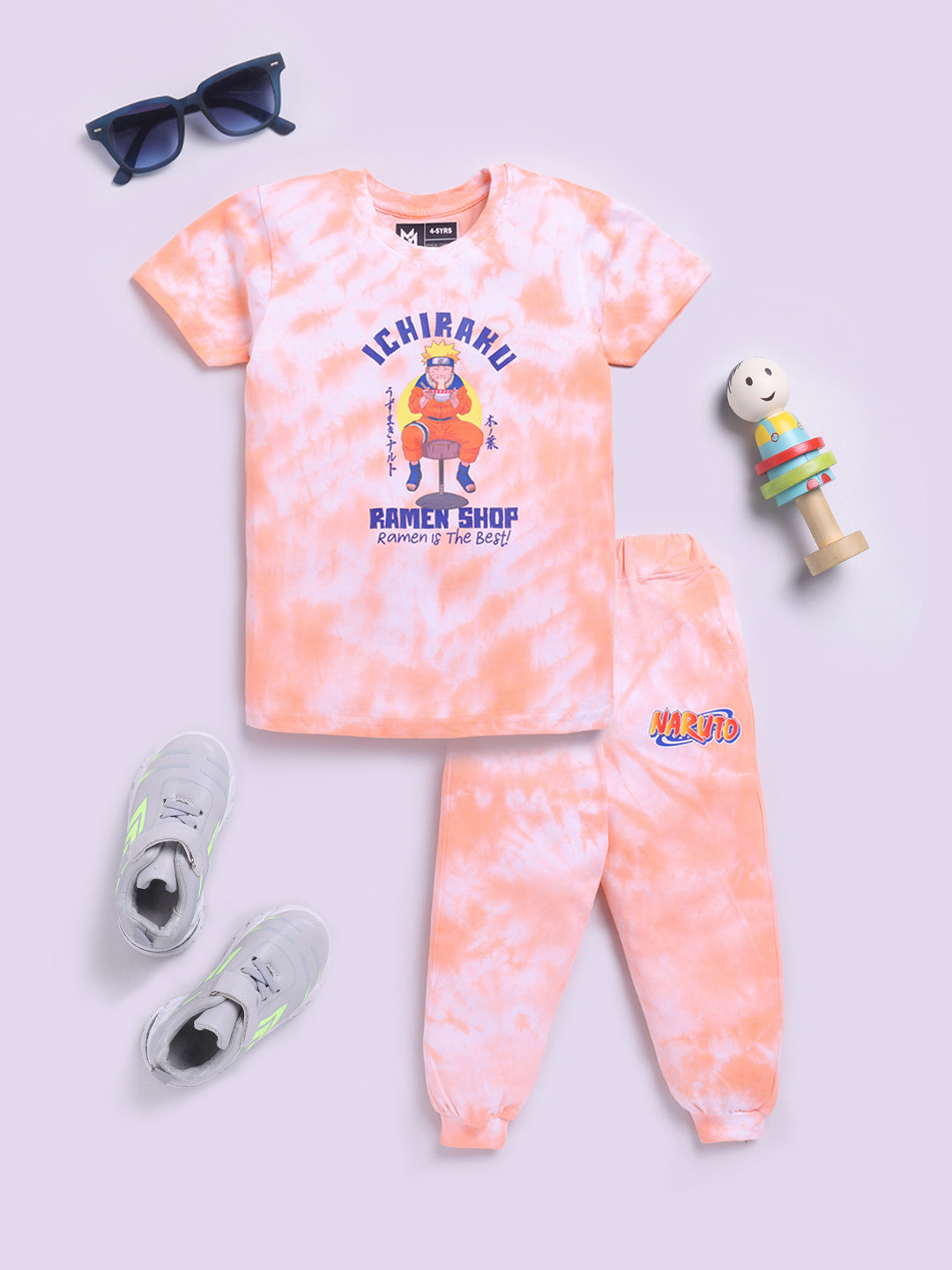 YK X Minute Mirth Boys Dyed Naruto Printed Pure Cotton T-shirt with Joggers