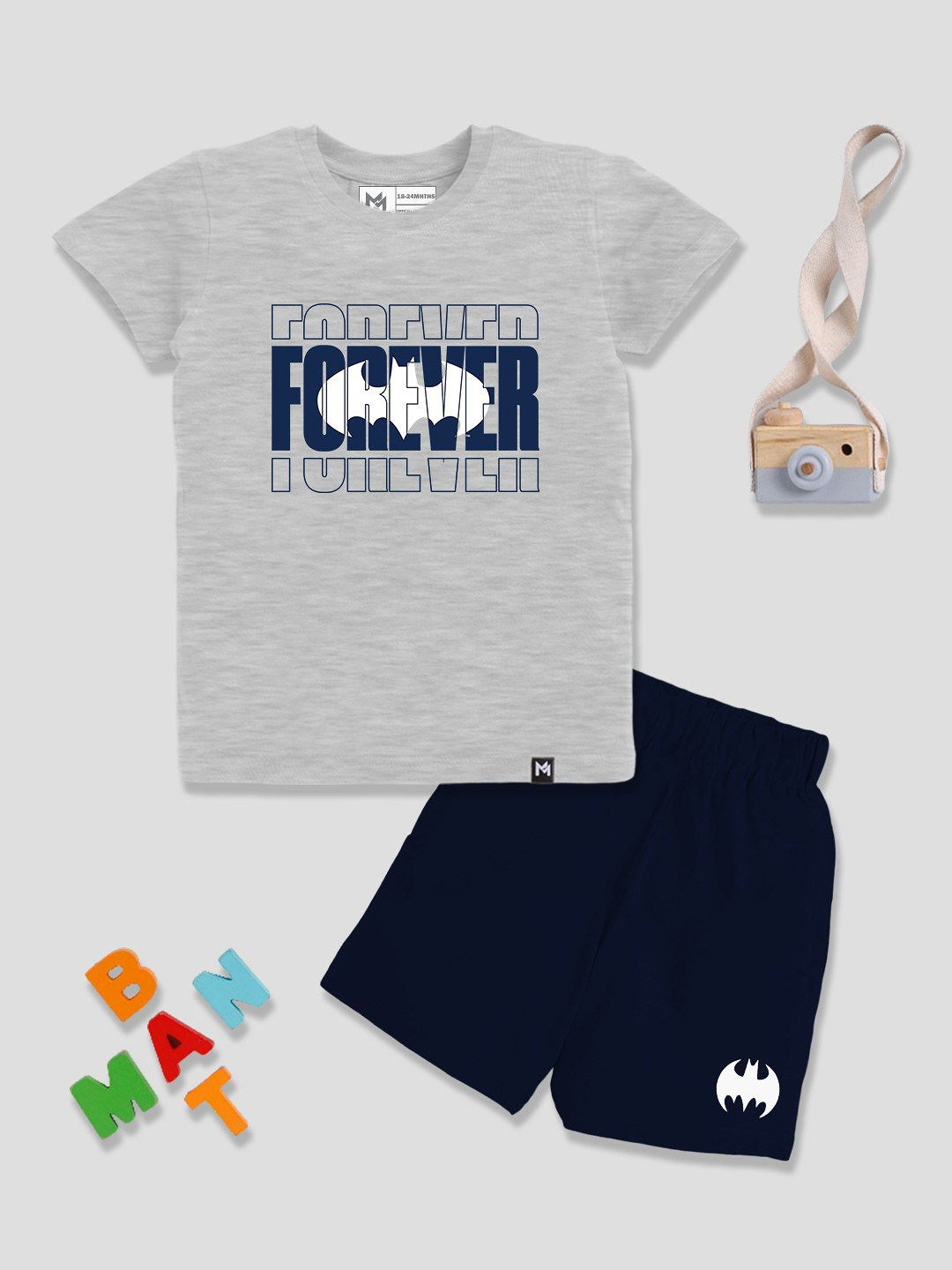 YK X Minute Mirth Boys Batman Logo Printed Pure Cotton T-shirt with Shorts