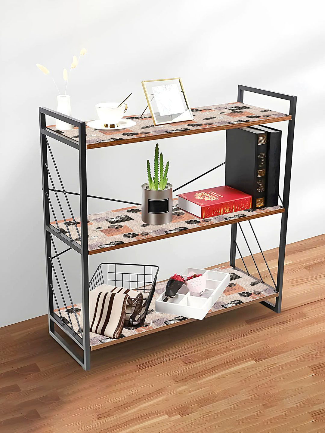 Kuber Industries Brown 2 Pieces Lotus Printed Shelf Liner