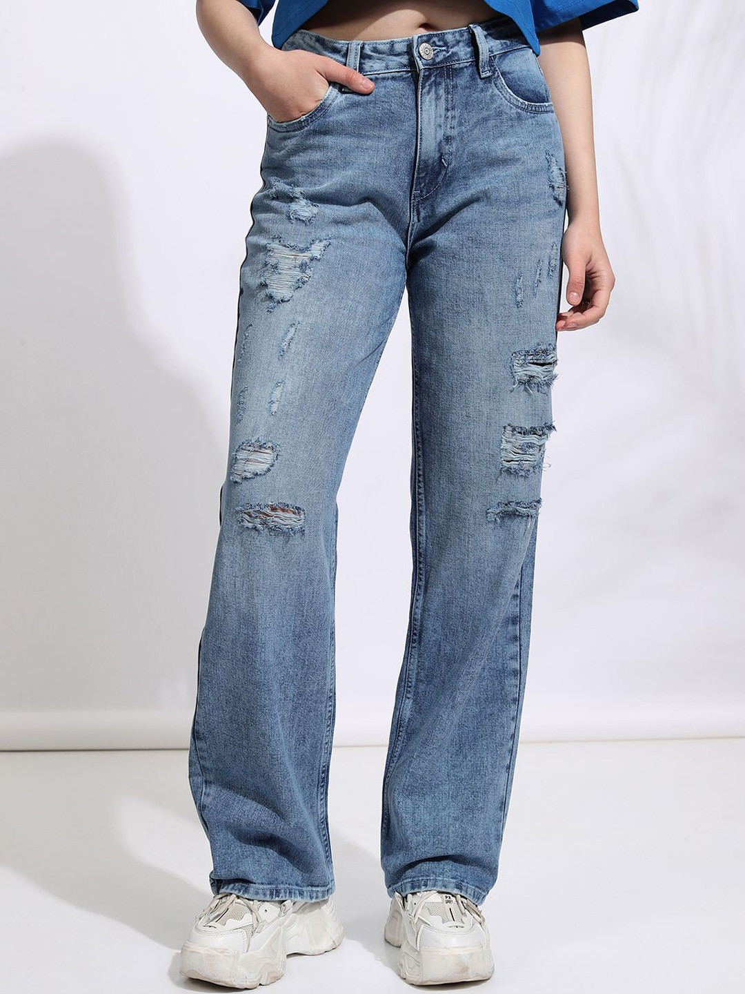 Street By Tokyo Talkies Women Straight Fit Highly Distressed Cotton Ripped Jeans