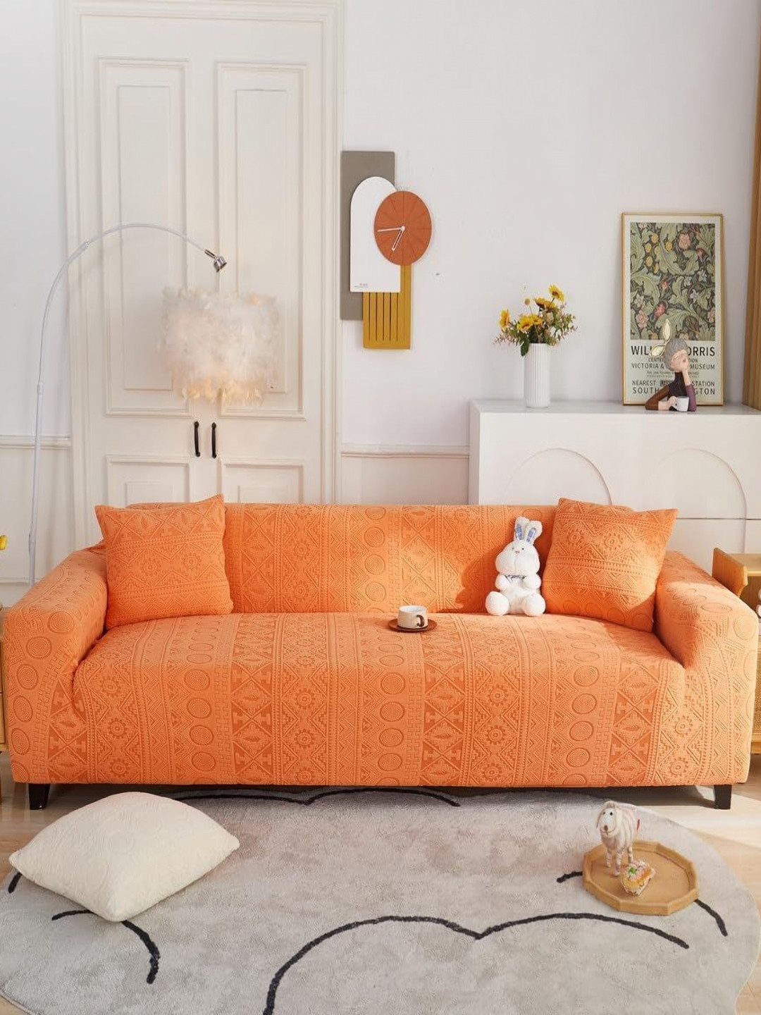 Lukzer Orange Coloured Tribal Pattern 3 Seater Sofa Cover With Arms