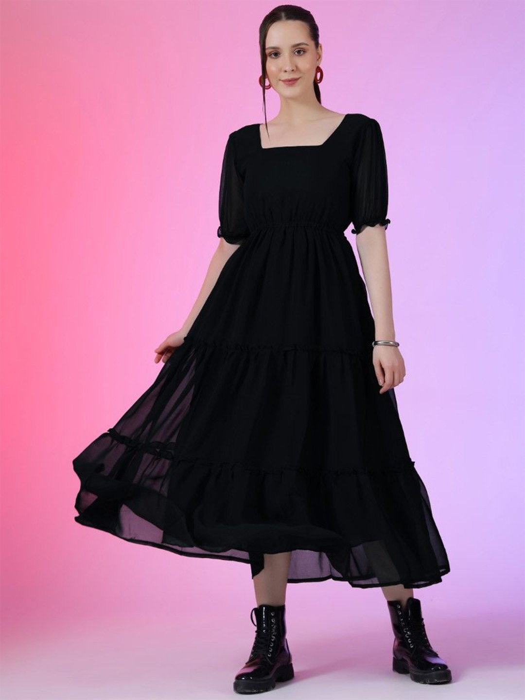 Femvy Puff Sleeve Applique Georgette Fit & Flare Maxi Dress