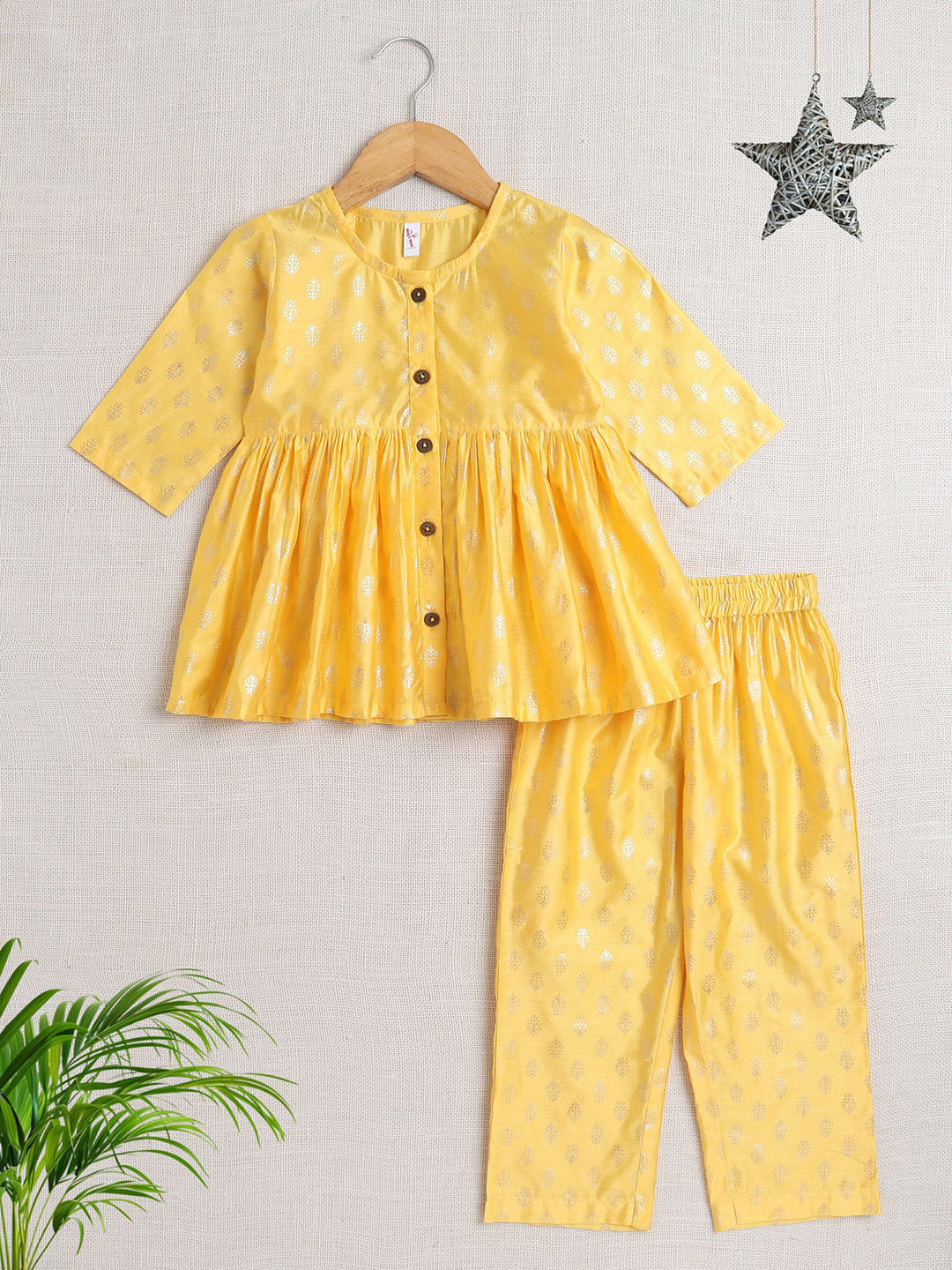 The Magic Wand Girls Floral Woven Design Zari Chanderi Silk A-Line Kurta with Trousers