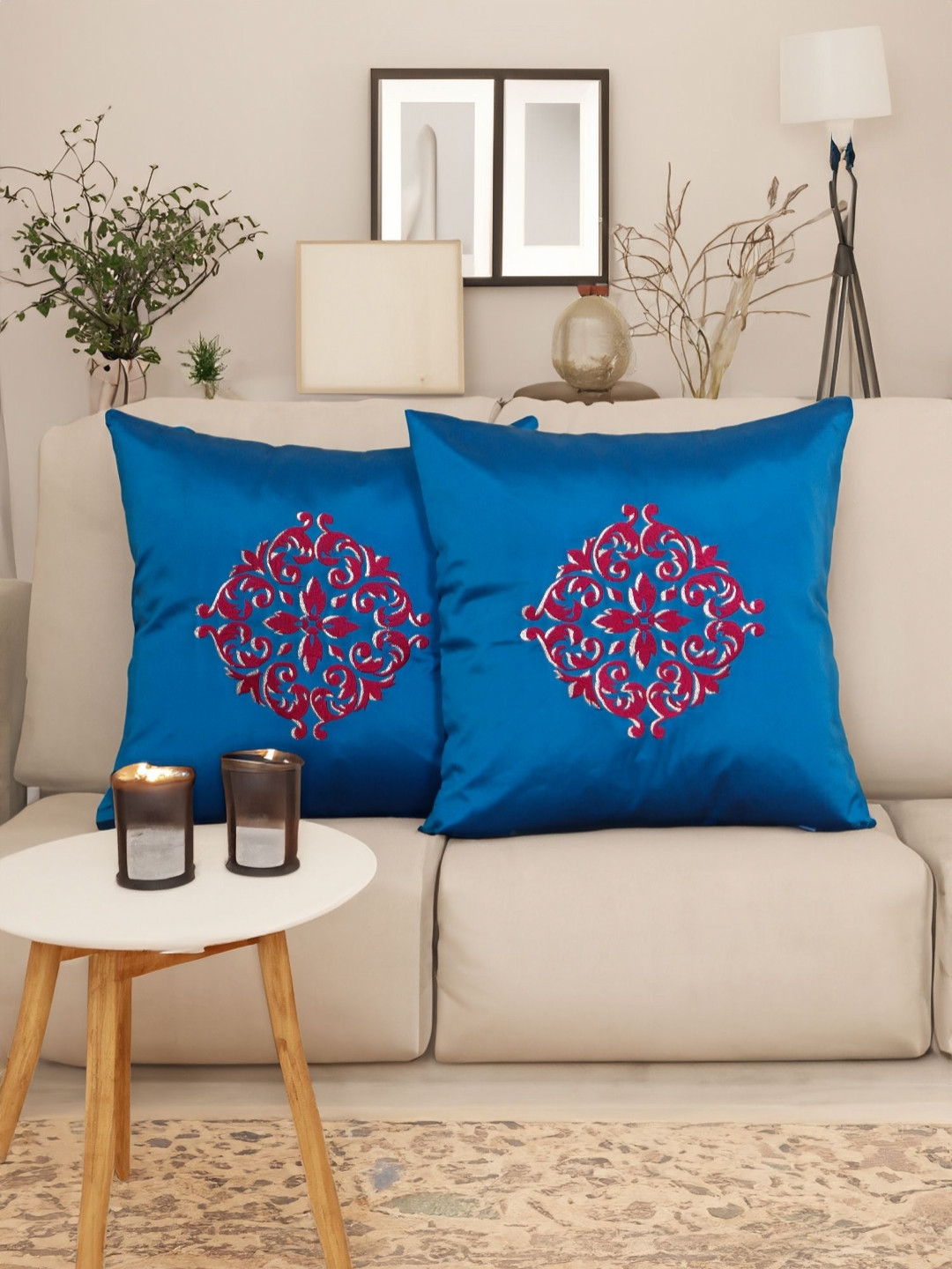 ZEBA Two Tone Ethnic Motifs Polyester 2 Pcs Embroidered Cushion Covers - 15.7 x 15.7 In