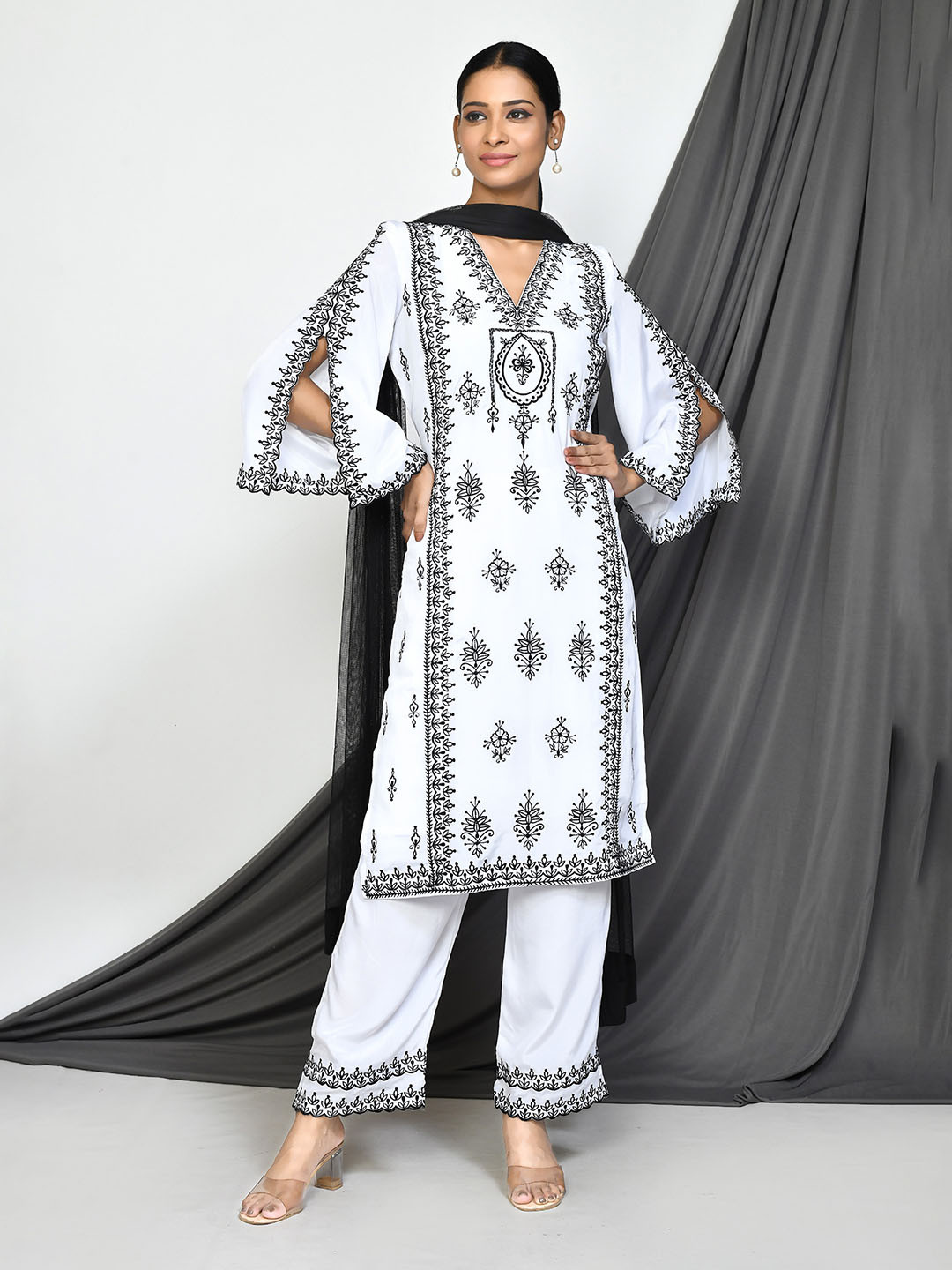 Samyukta Singhani Floral Embroidered Silk Georgette Kurta With Palazzos & Dupatta