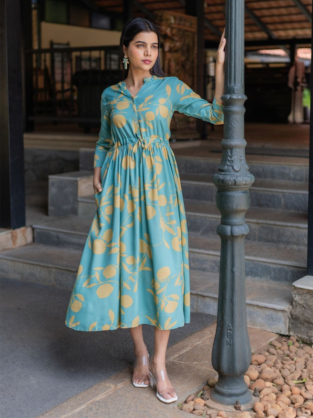 HAY Abstract Regular Sleeves Fit and Flare Midi Dress