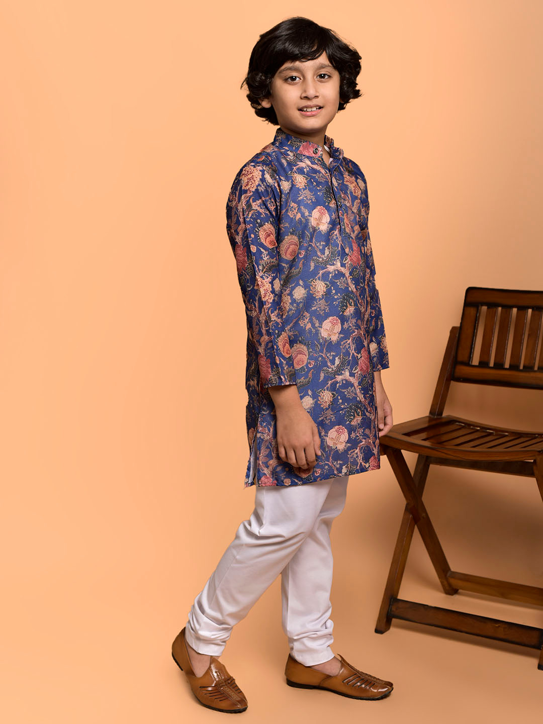 PRINTCULTR Boys Floral Printed Mandarin Collar Straight Kurta With Churidar