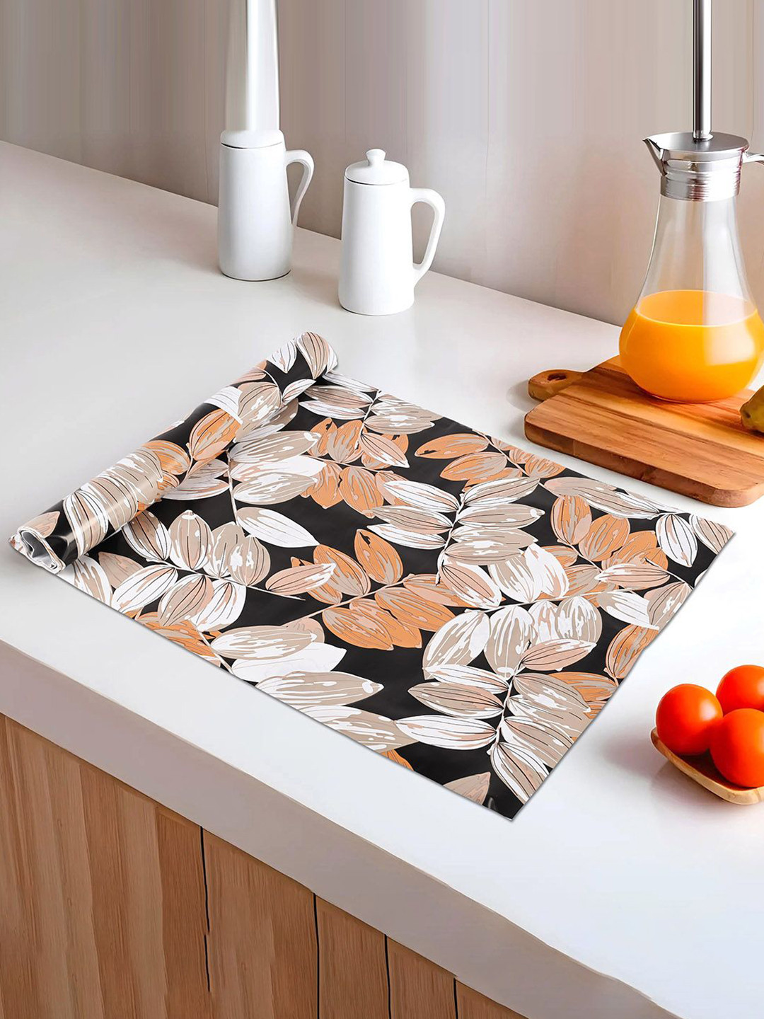 Kuber Industries Grey Leaf Printed Kitchen Shelf Liner