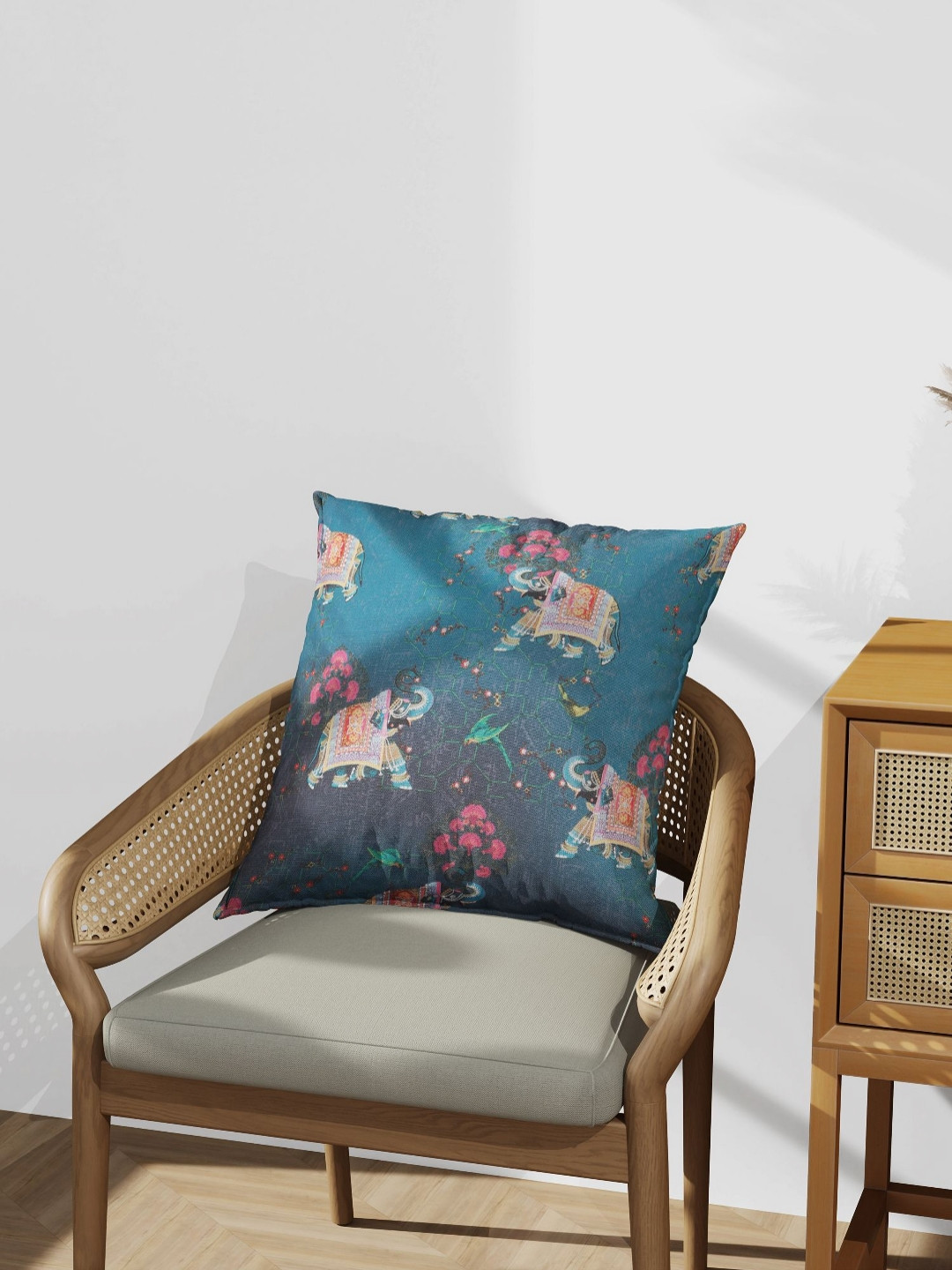 ZEBA Blue & Black Mughal Elephant Embroidered Square Cushion Cover