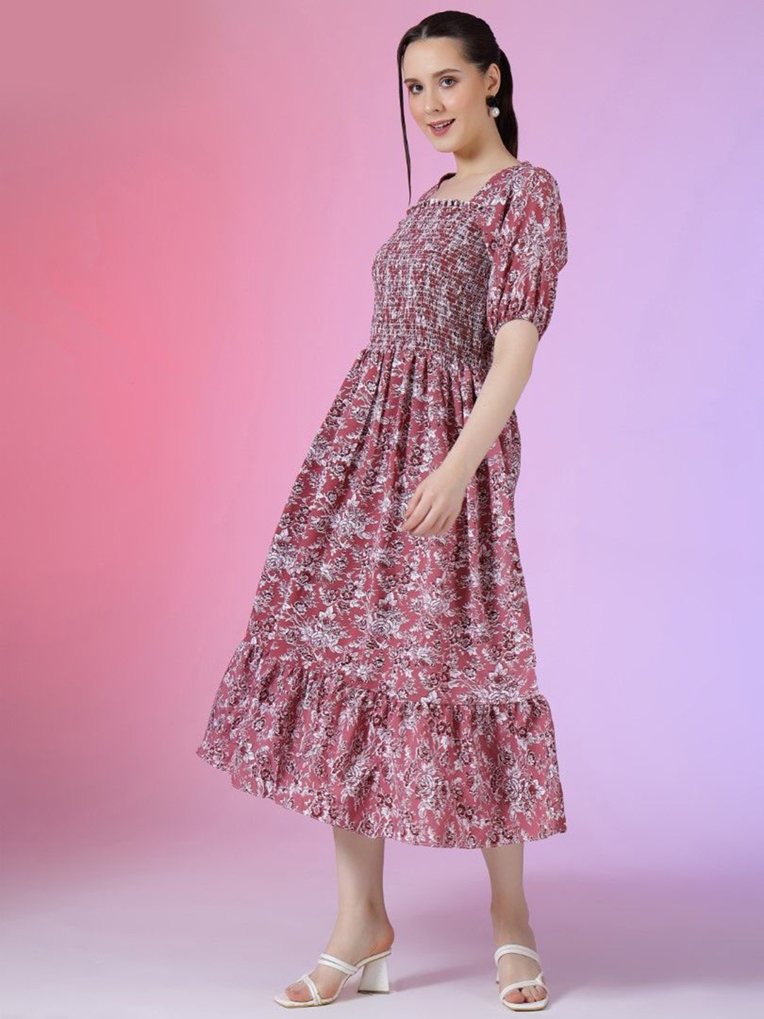 Krunal Raiyani Women Printed Sqare Neck Puff Sleeve Fit & Flare Midi Dress