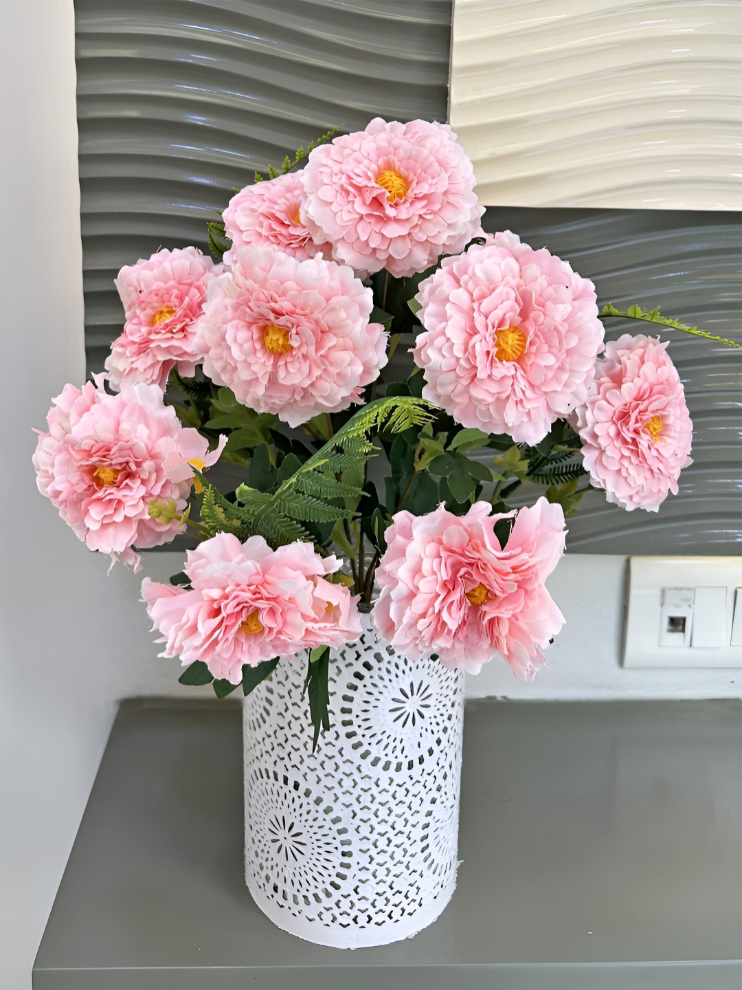 ARTSY Pink & Green Non-Hanging Hydrangea Artificial Flower Without Pot